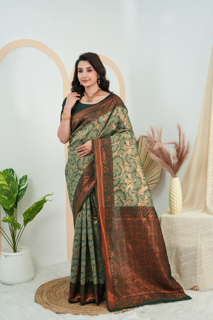 Bottle Green Jacquard Flower Motif Silk Saree