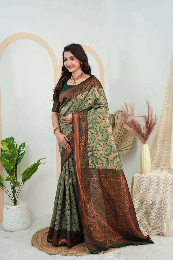Bottle Green Jacquard Flower Motif Silk Saree