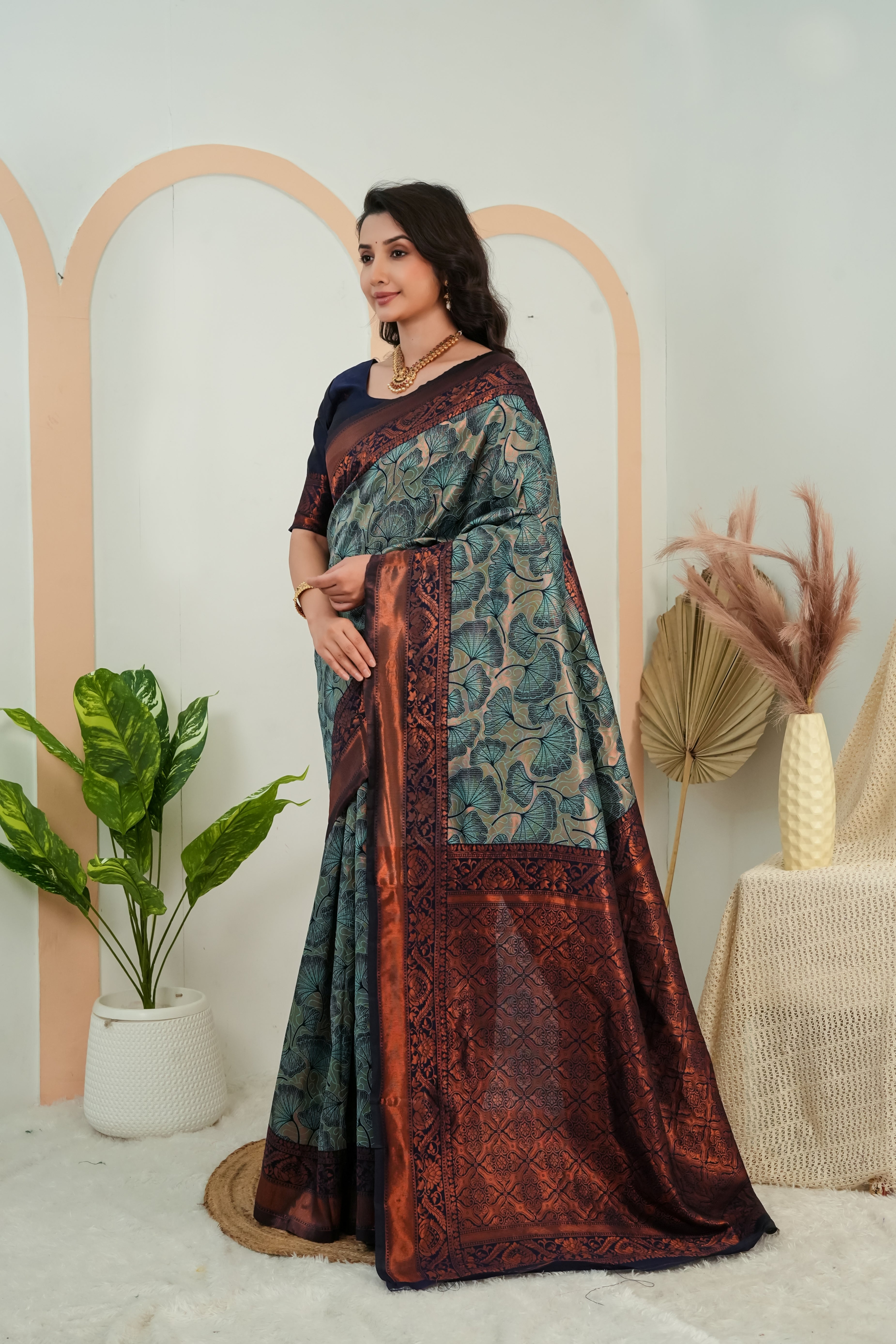 Teal Green Jacquard flower Motif Silk Saree