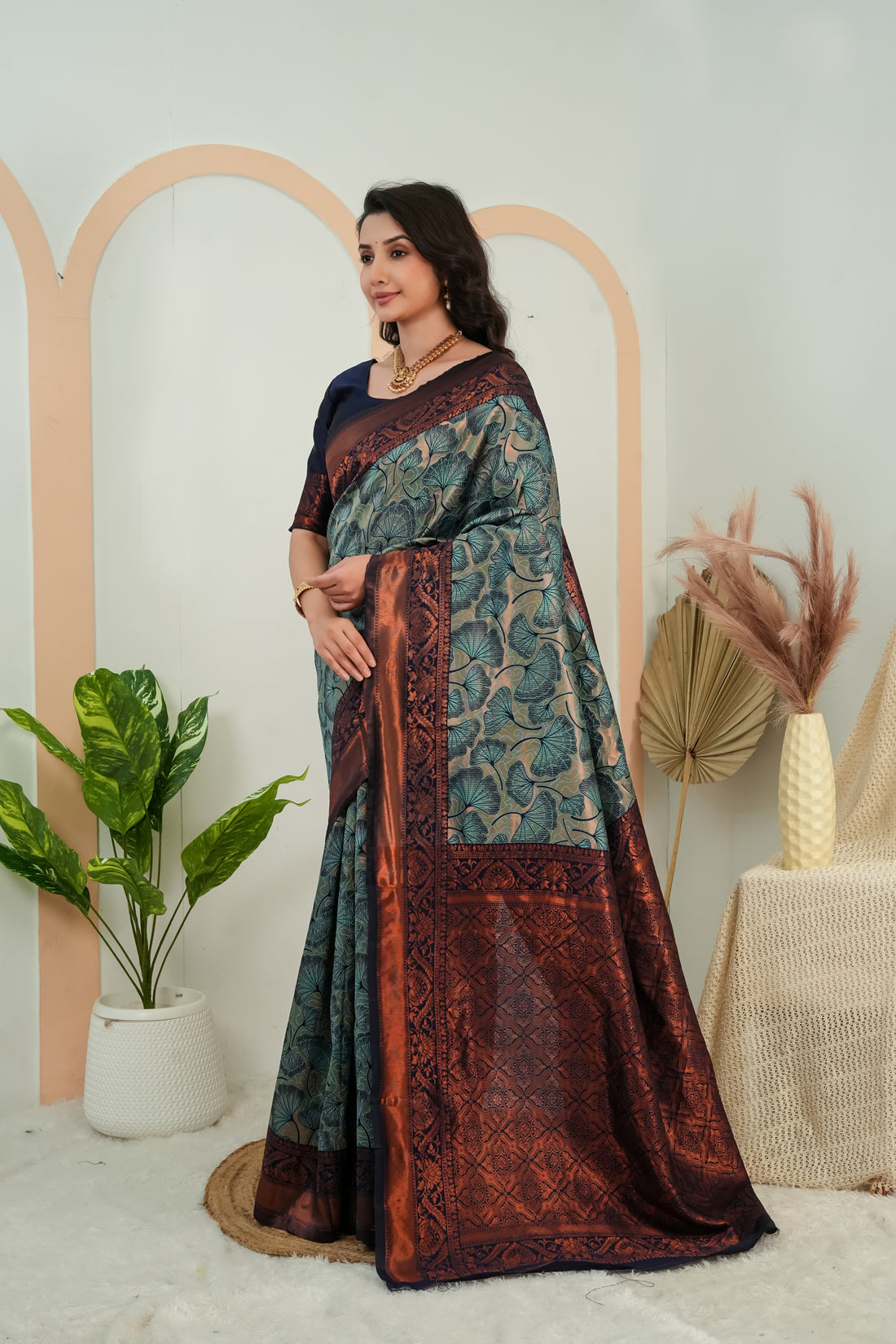 Teal Green Jacquard flower Motif Silk Saree