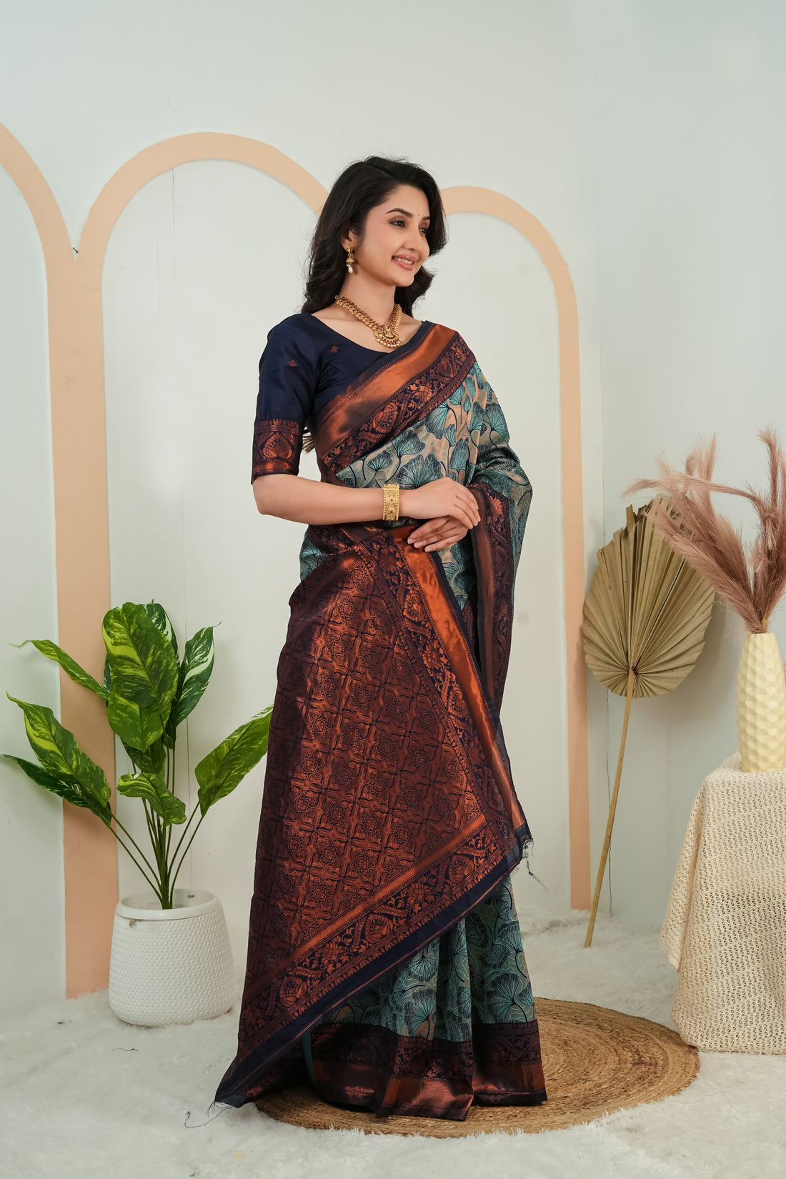 Teal Green Jacquard flower Motif Silk Saree