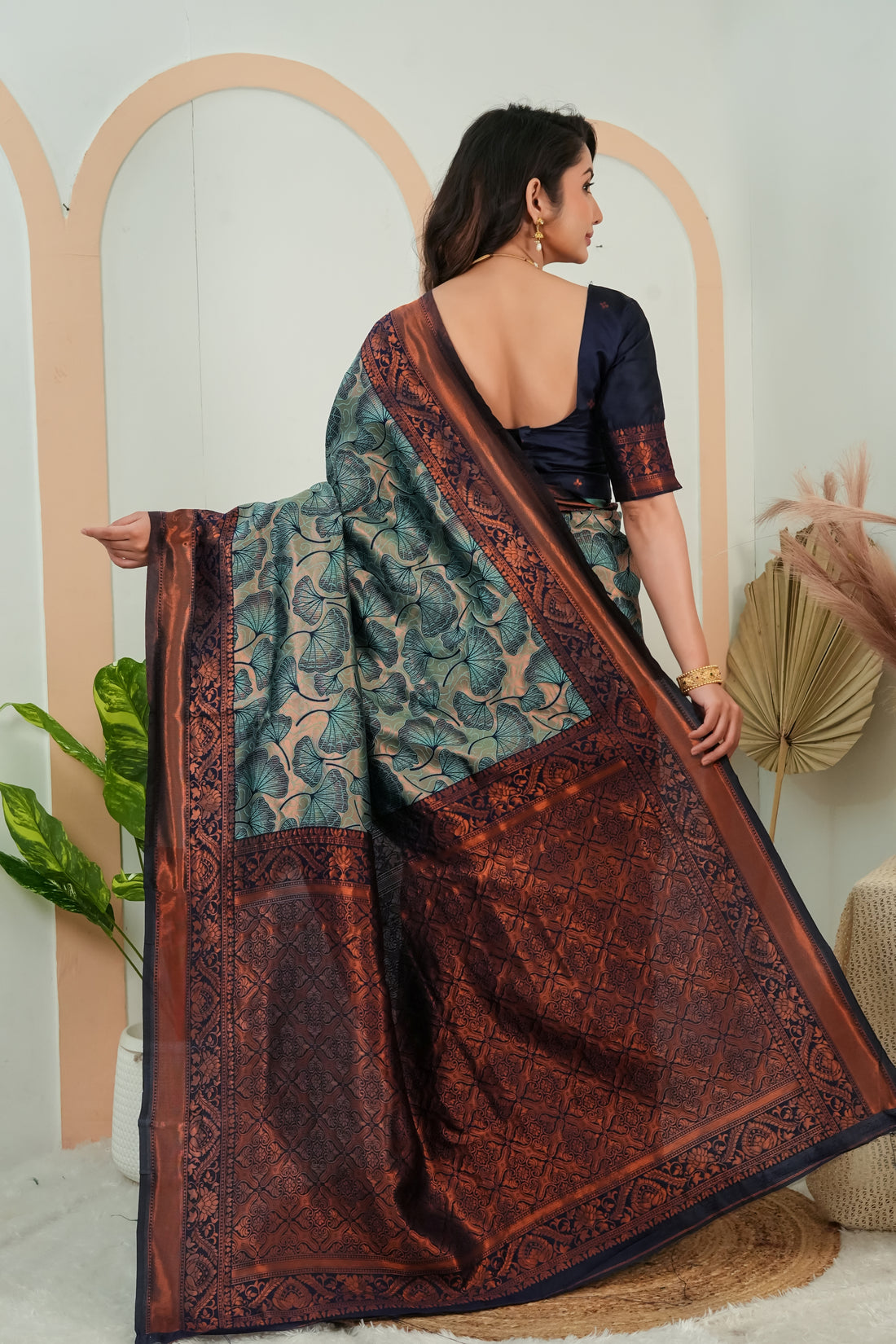 Teal Green Jacquard flower Motif Silk Saree