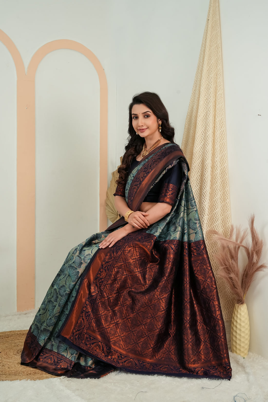 Teal Green Jacquard flower Motif Silk Saree