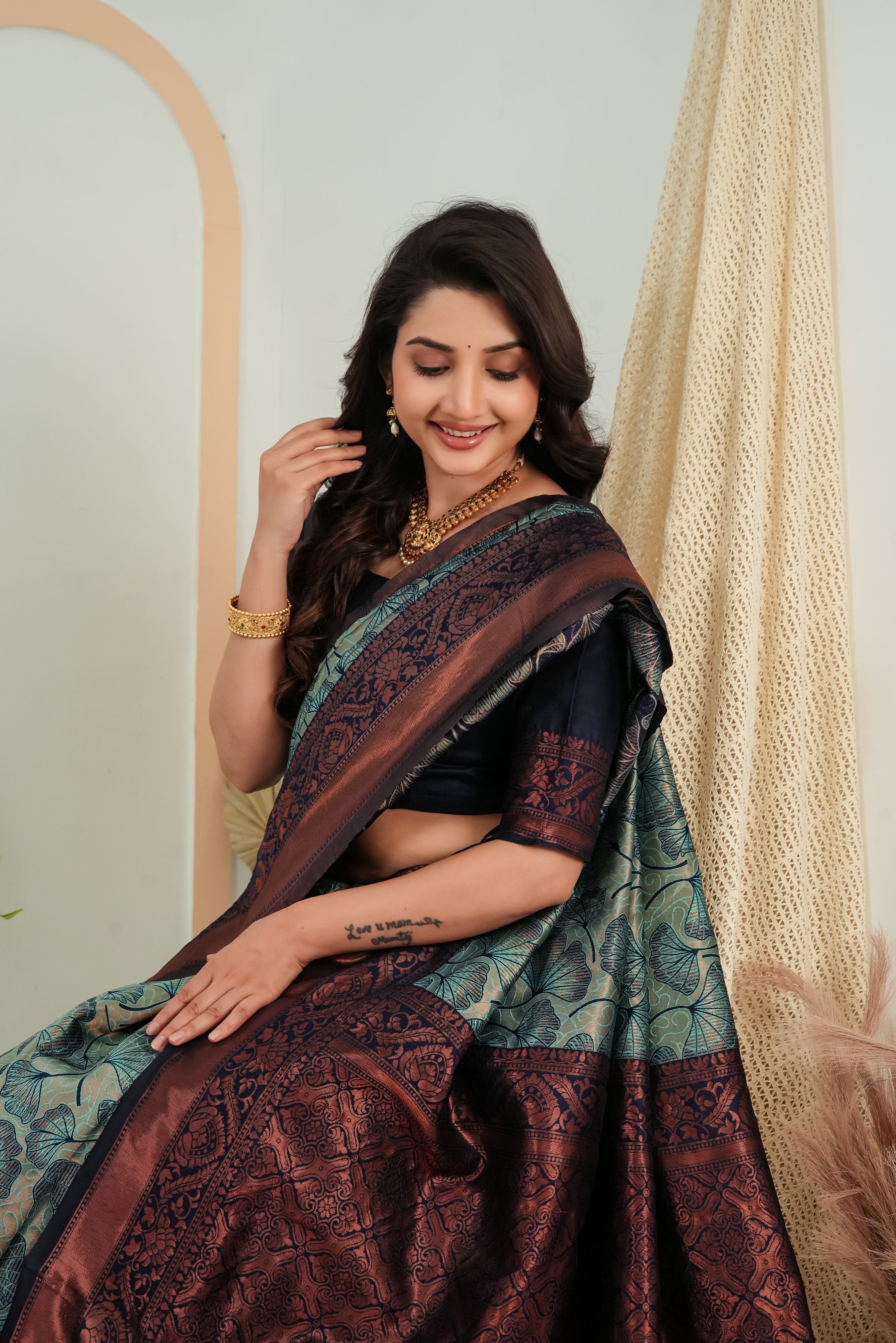 Teal Green Jacquard flower Motif Silk Saree