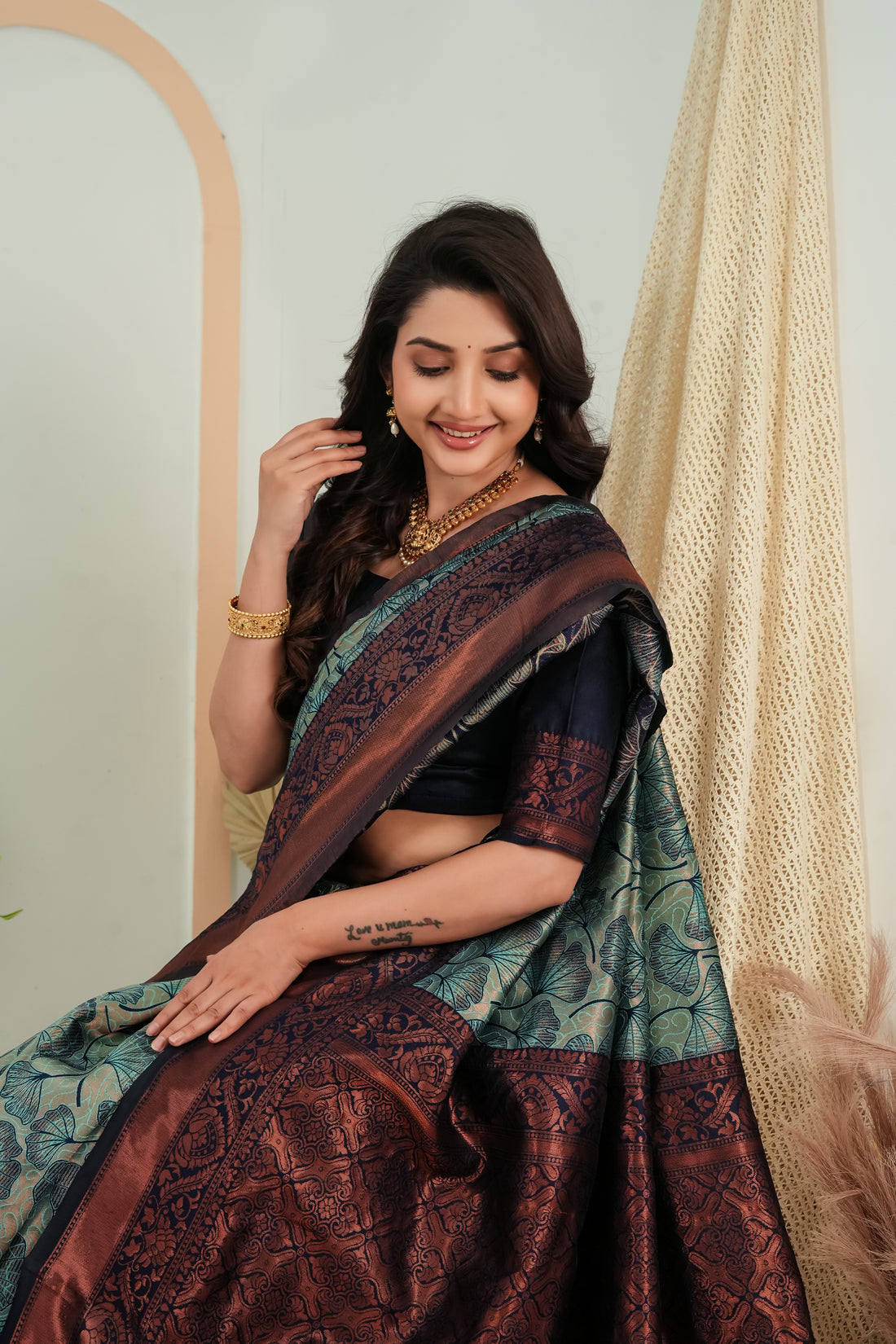 Teal Green Jacquard flower Motif Silk Saree