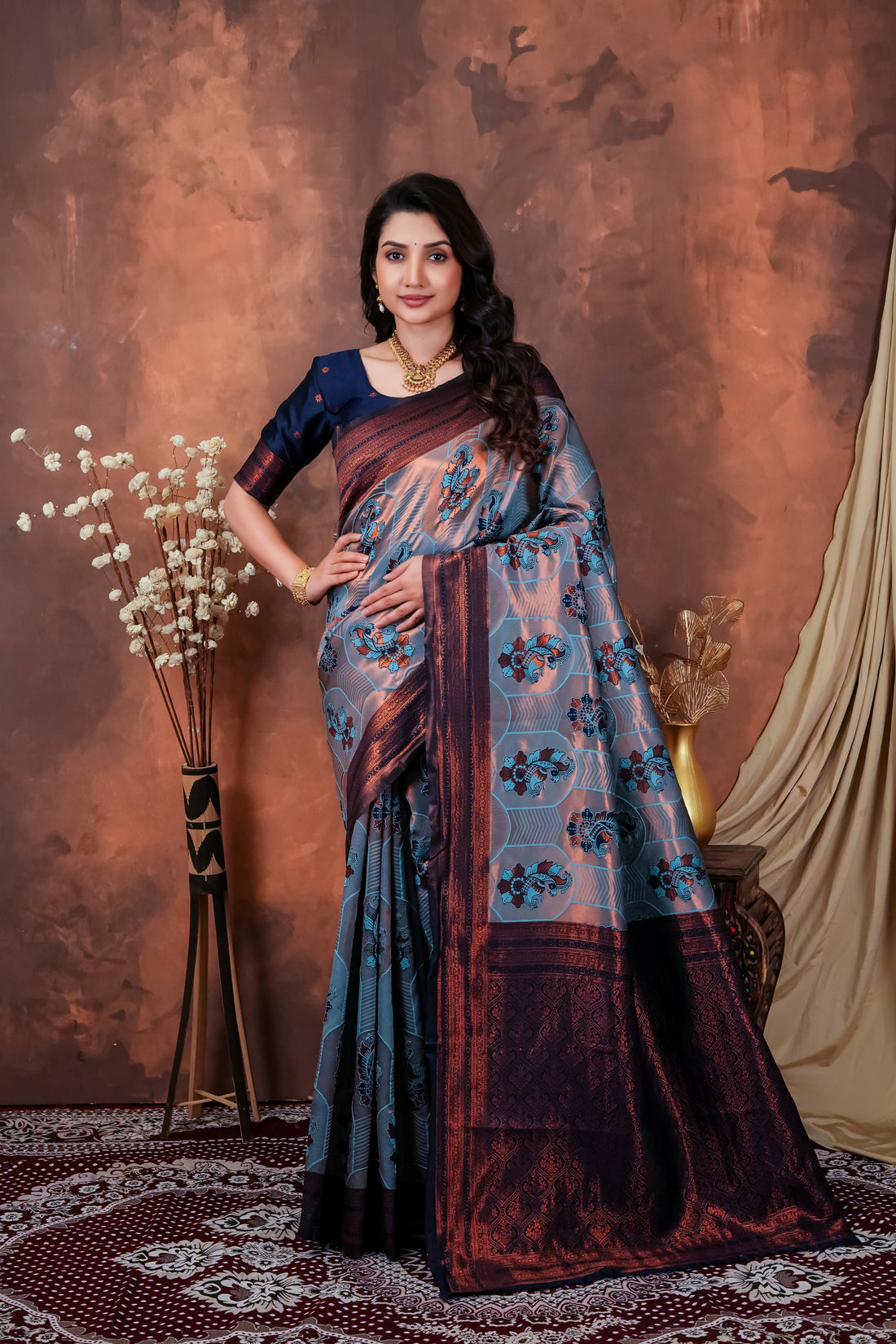 Steel Grey & Copper Maroon Jacquard Silk Saree with Peacock Motifs