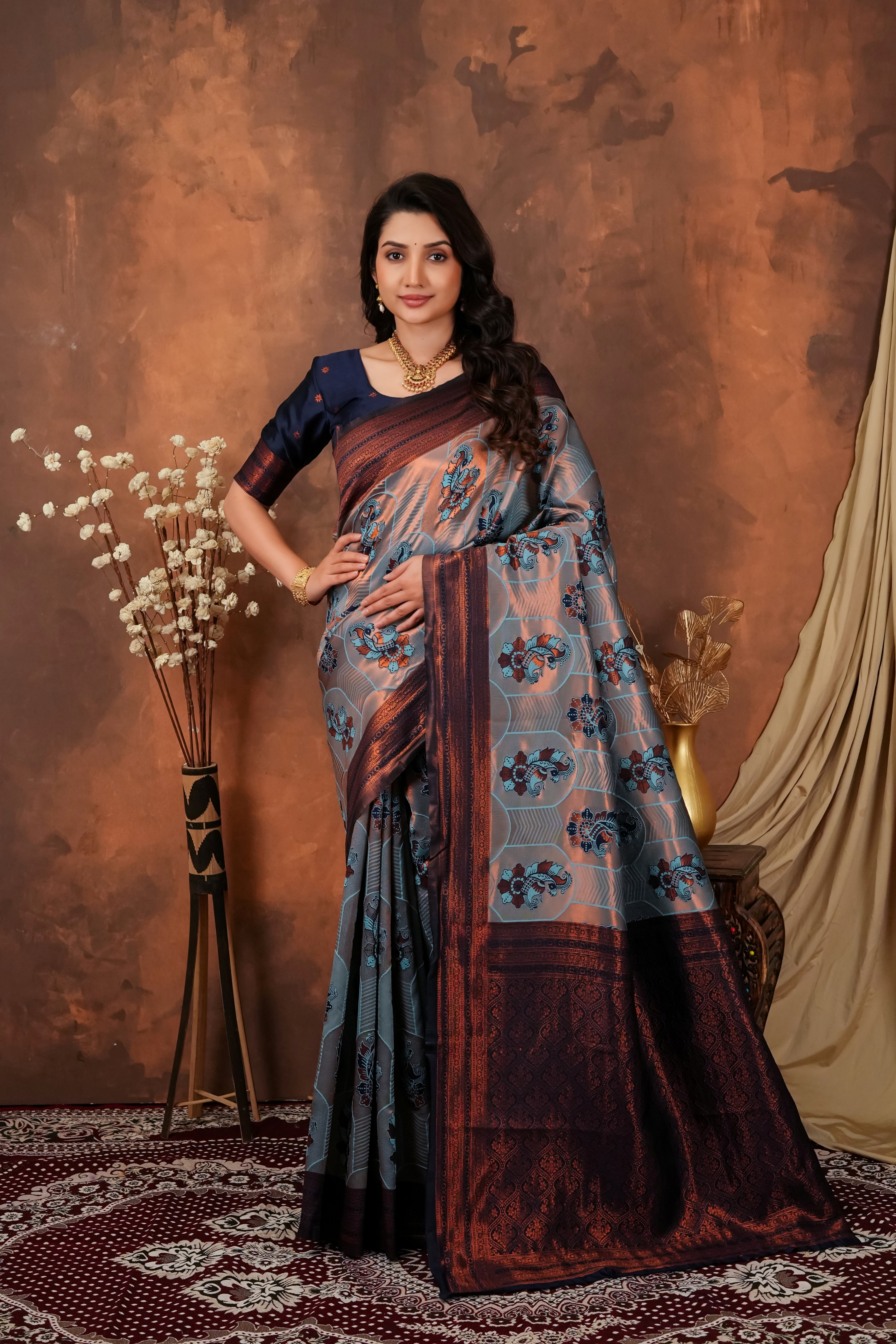 Steel Grey & Copper Maroon Jacquard Silk Saree with Peacock Motifs