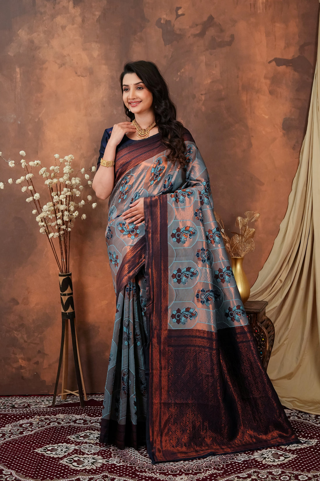 Steel Grey & Copper Maroon Jacquard Silk Saree with Peacock Motifs