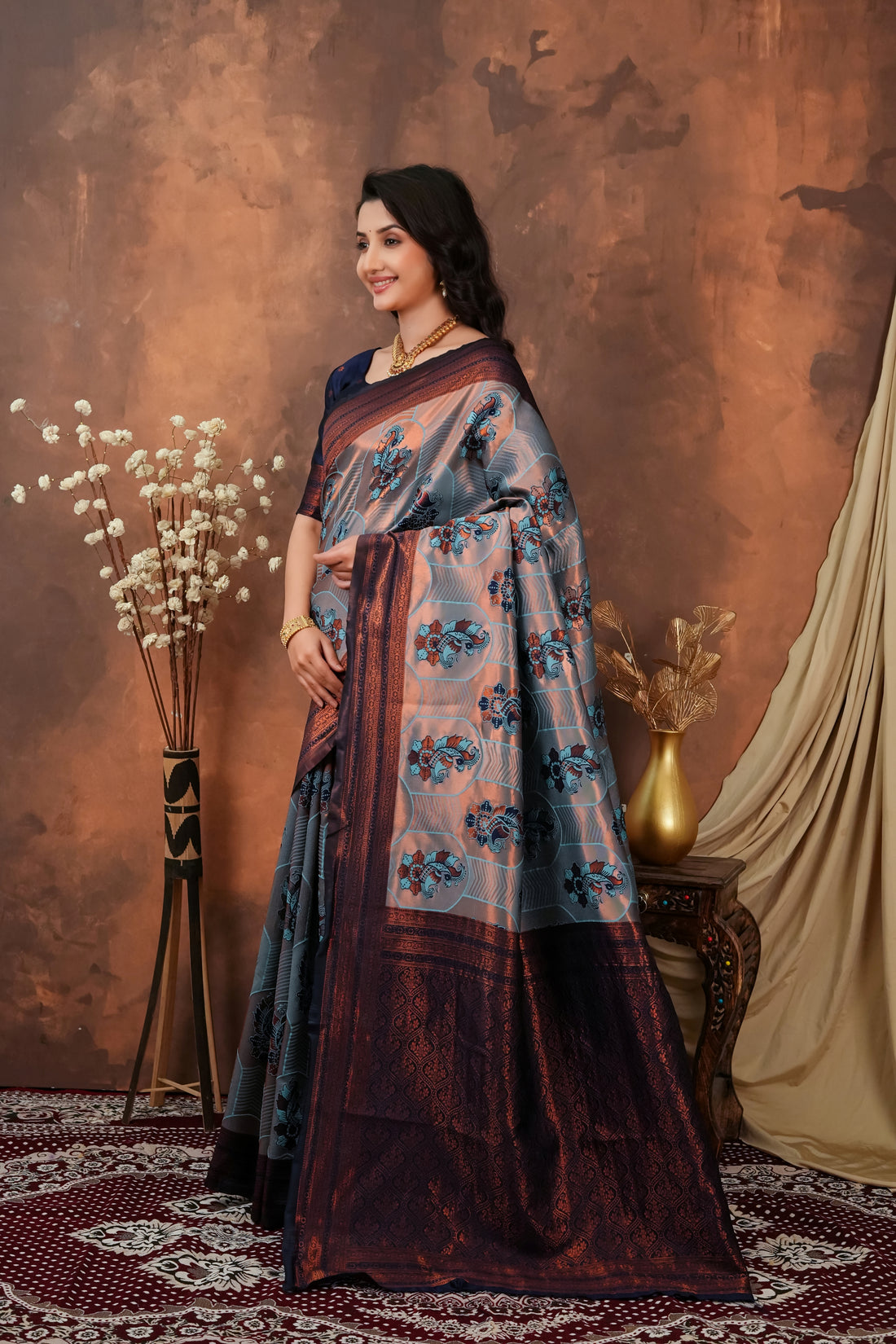 Steel Grey & Copper Maroon Jacquard Silk Saree with Peacock Motifs