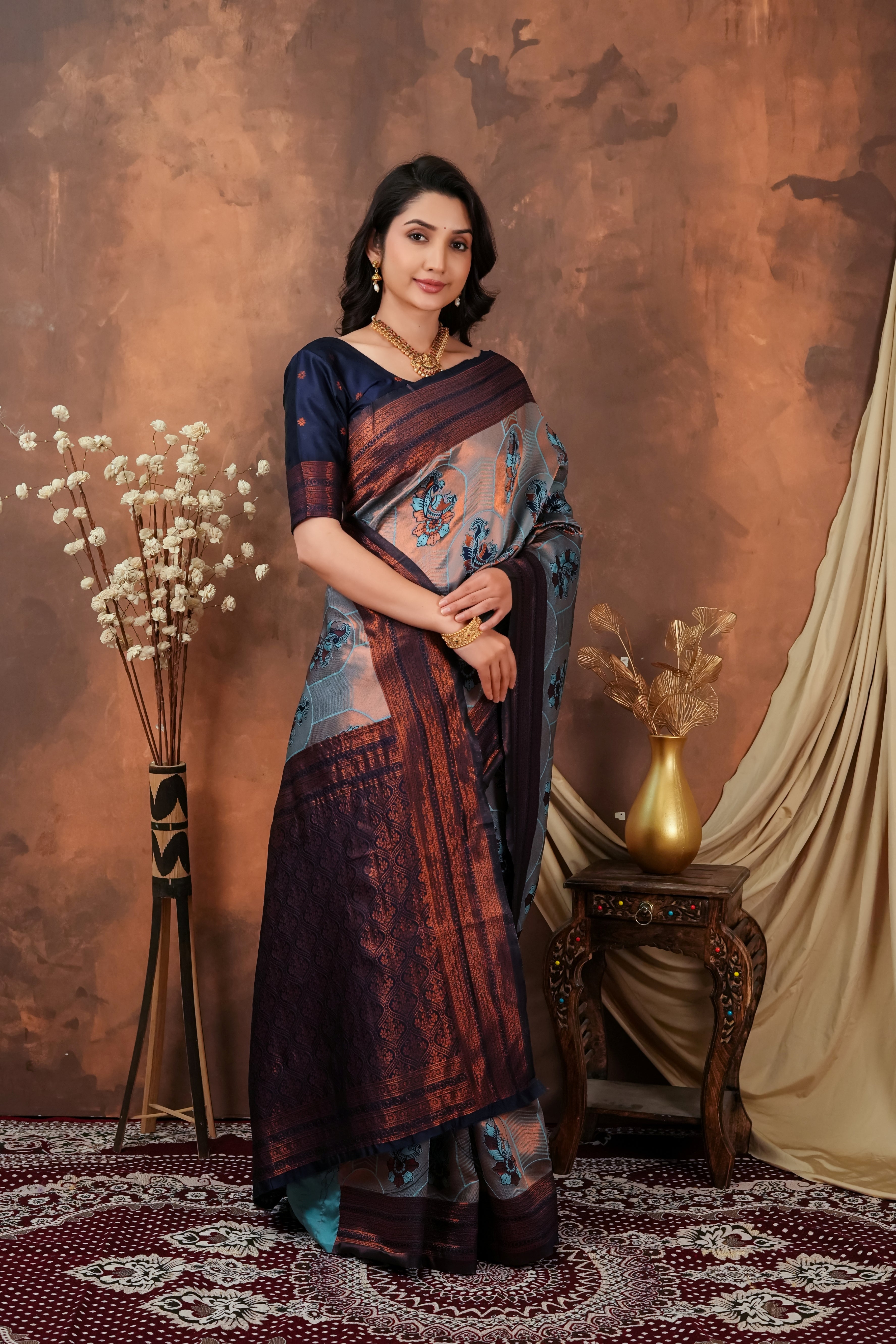 Steel Grey & Copper Maroon Jacquard Silk Saree with Peacock Motifs
