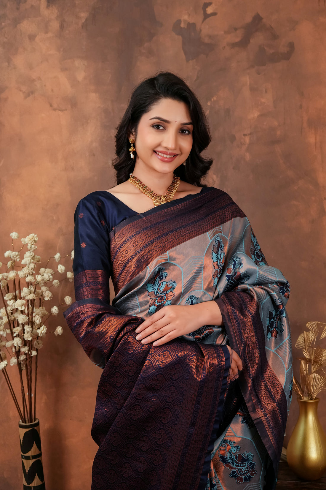 Steel Grey & Copper Maroon Jacquard Silk Saree with Peacock Motifs