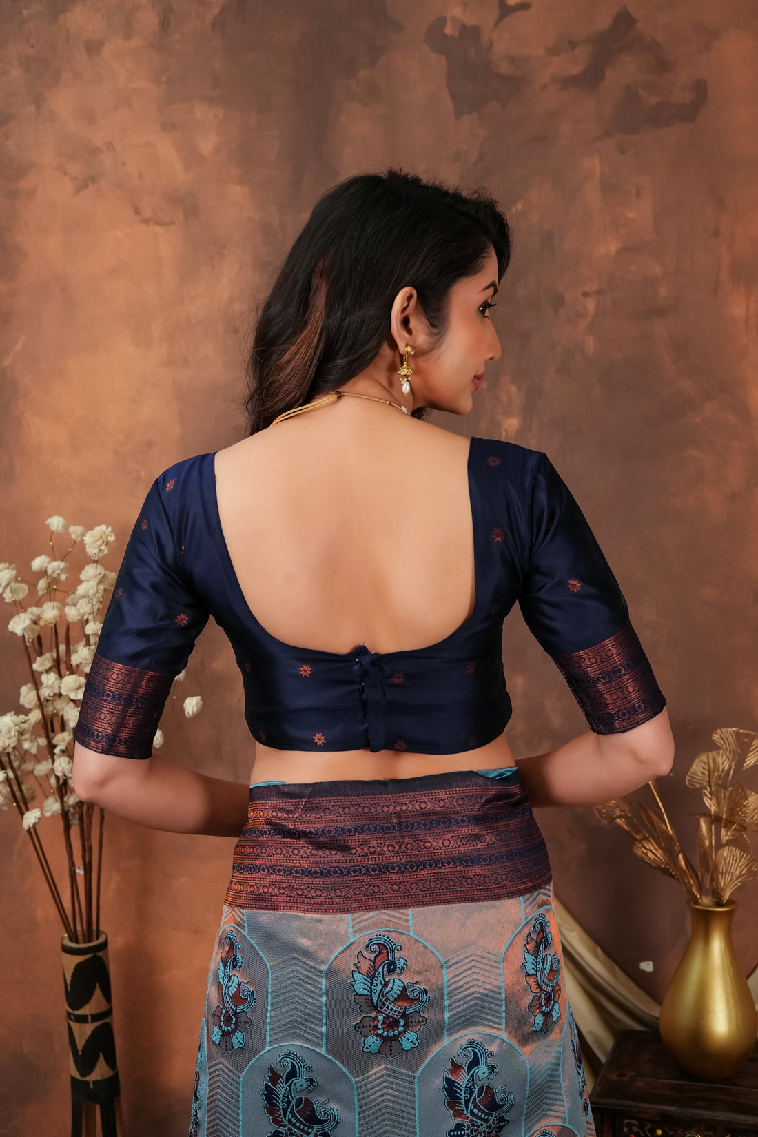 Steel Grey & Copper Maroon Jacquard Silk Saree with Peacock Motifs