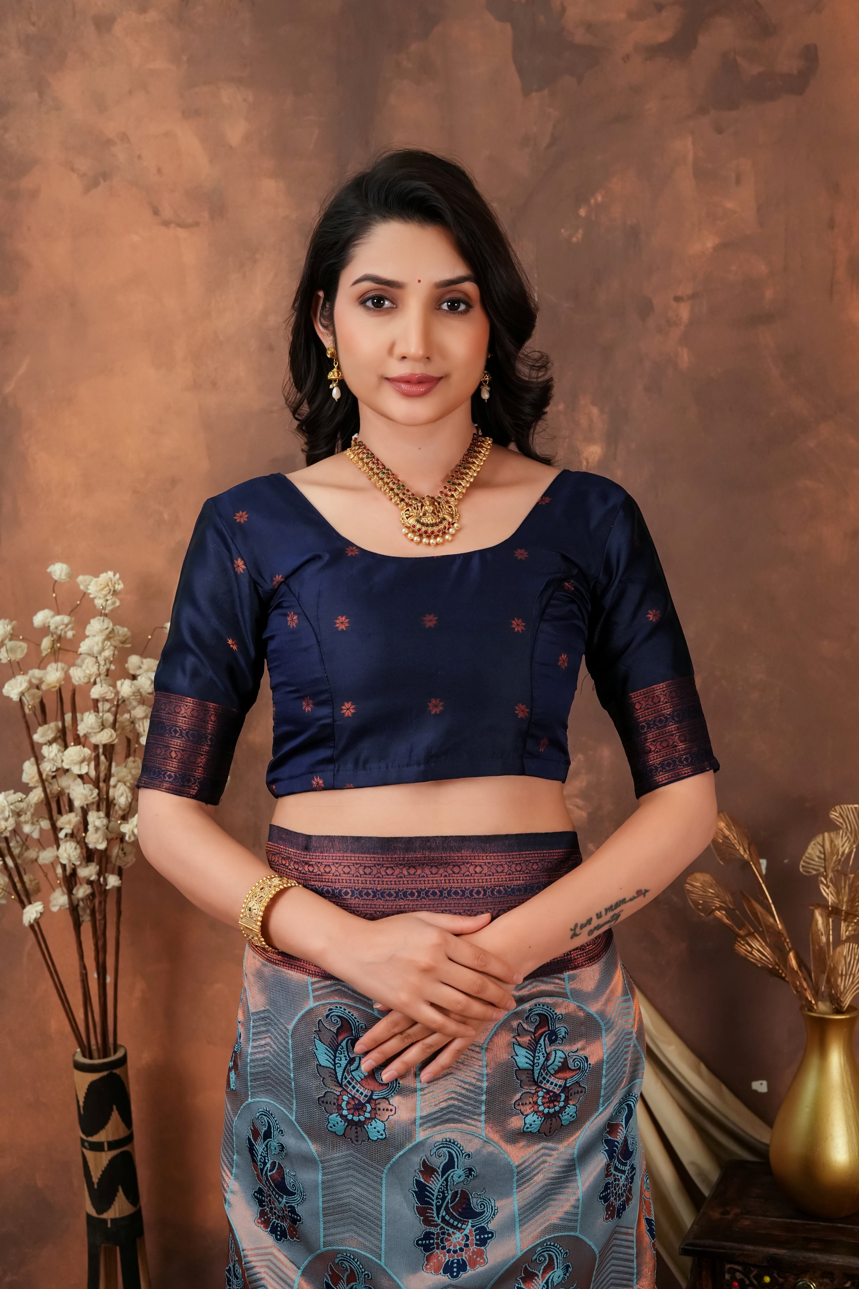 Steel Grey & Copper Maroon Jacquard Silk Saree with Peacock Motifs