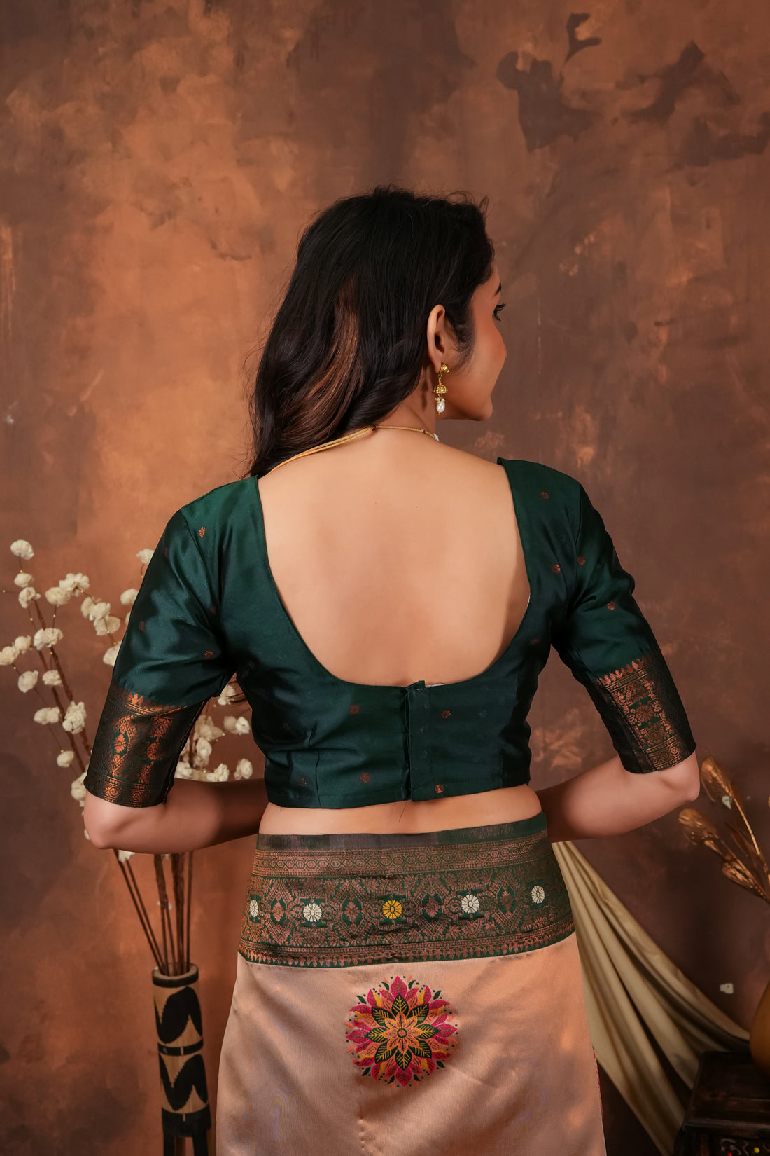 Peach Gold & Bottle Green Floral Motifs Jacquard Silk Saree