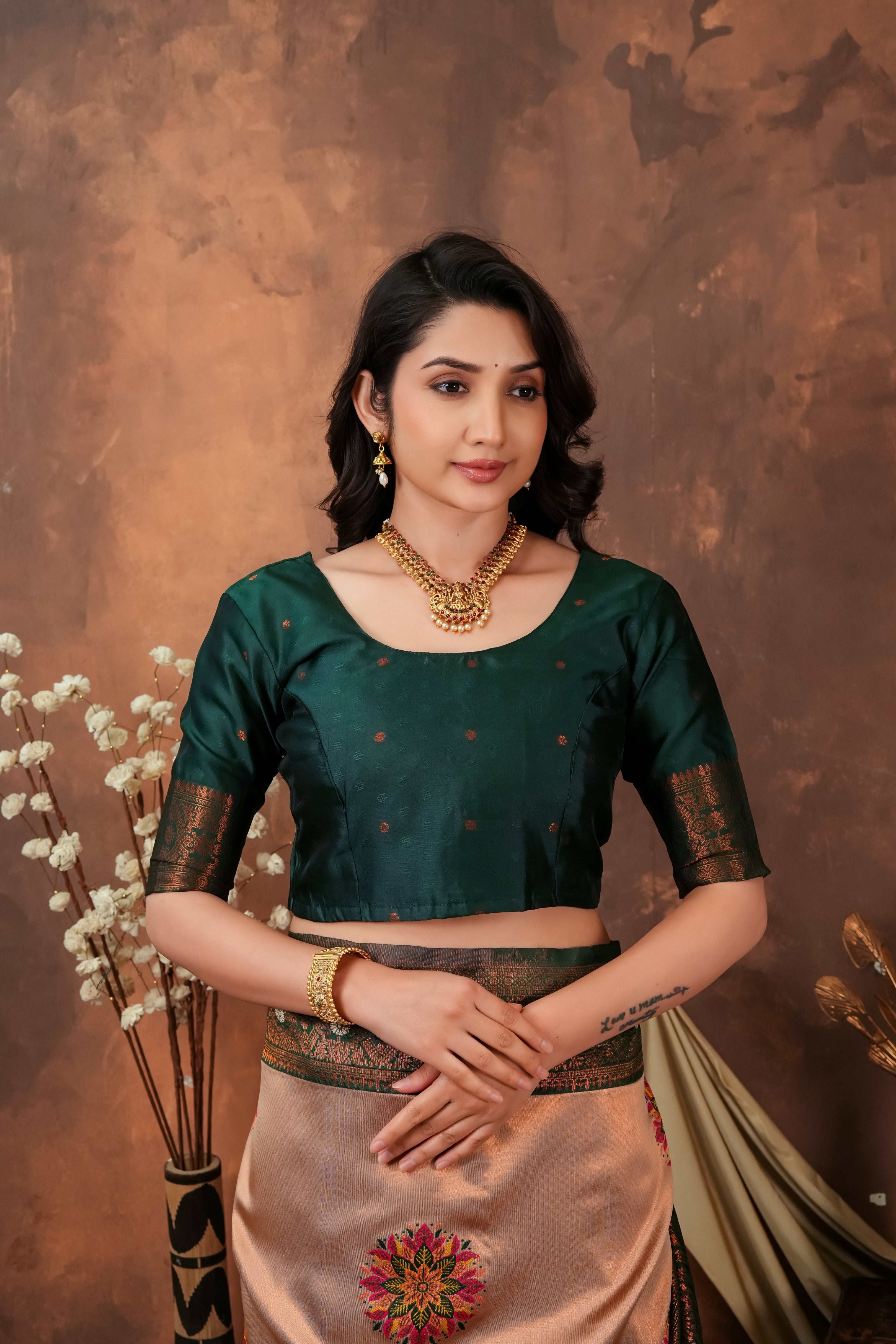 Peach Gold & Bottle Green Floral Motifs Jacquard Silk Saree