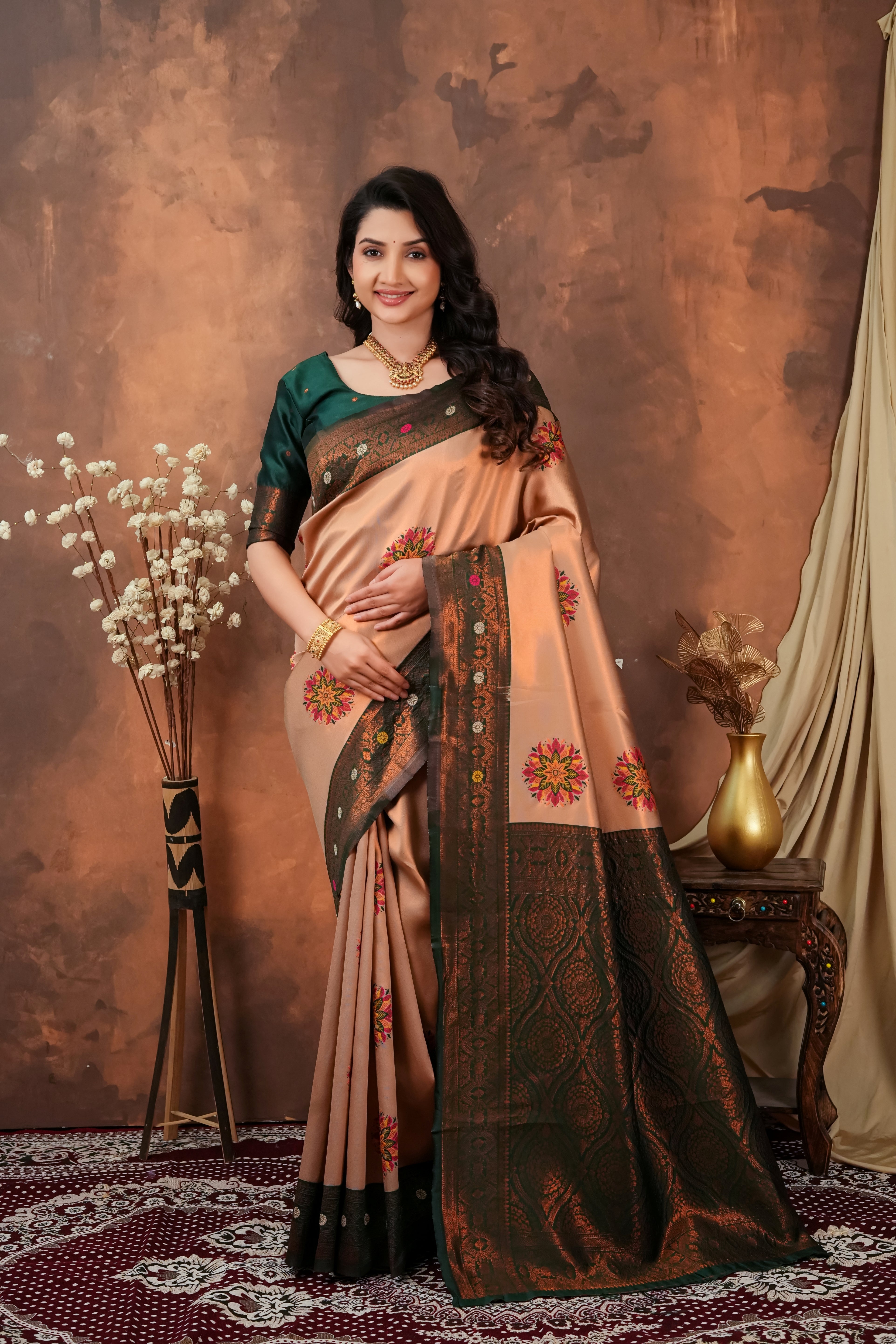 Peach Gold & Bottle Green Floral Motifs Jacquard Silk Saree