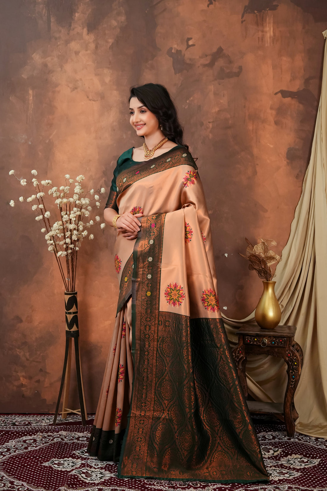 Peach Gold & Bottle Green Floral Motifs Jacquard Silk Saree