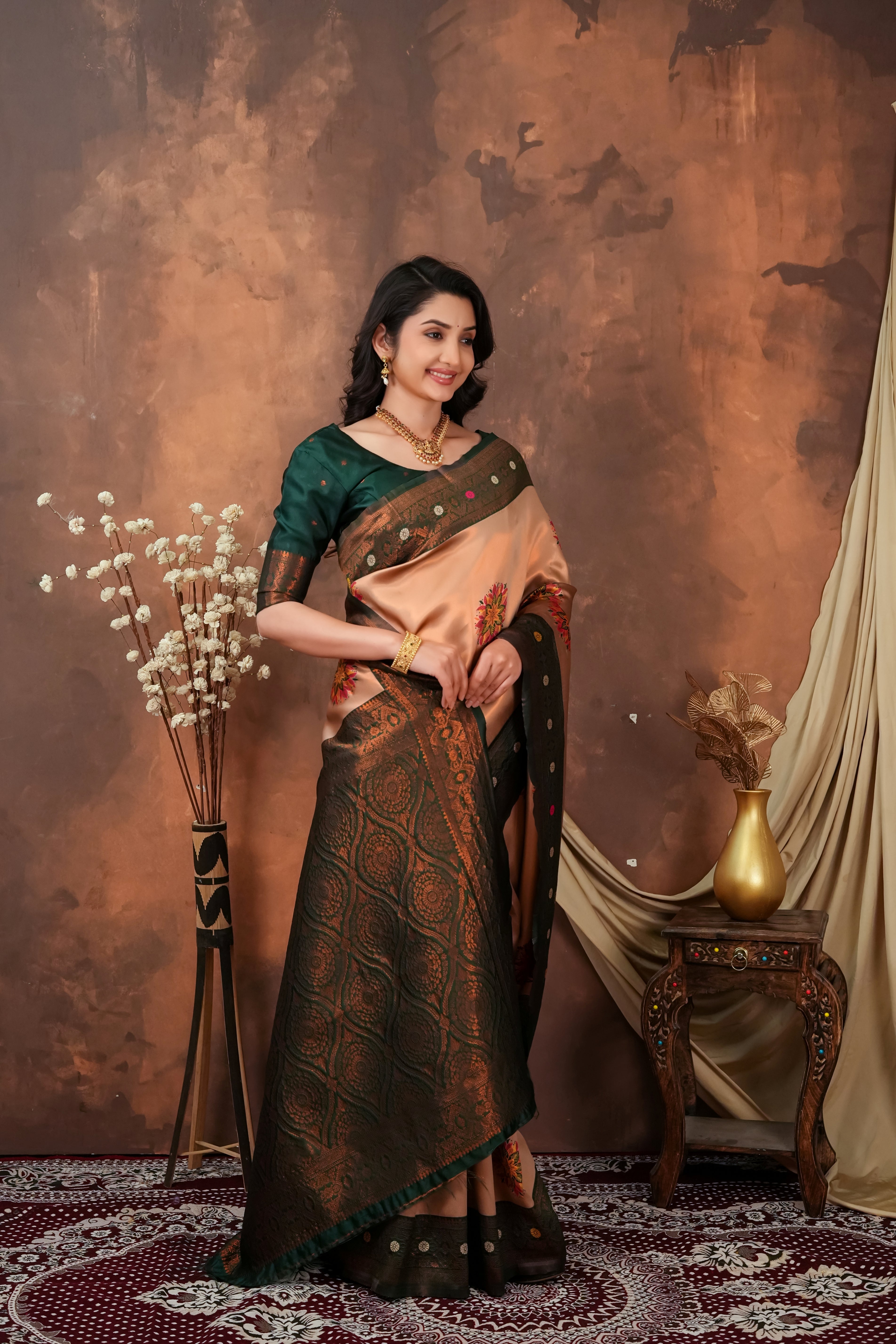 Peach Gold & Bottle Green Floral Motifs Jacquard Silk Saree