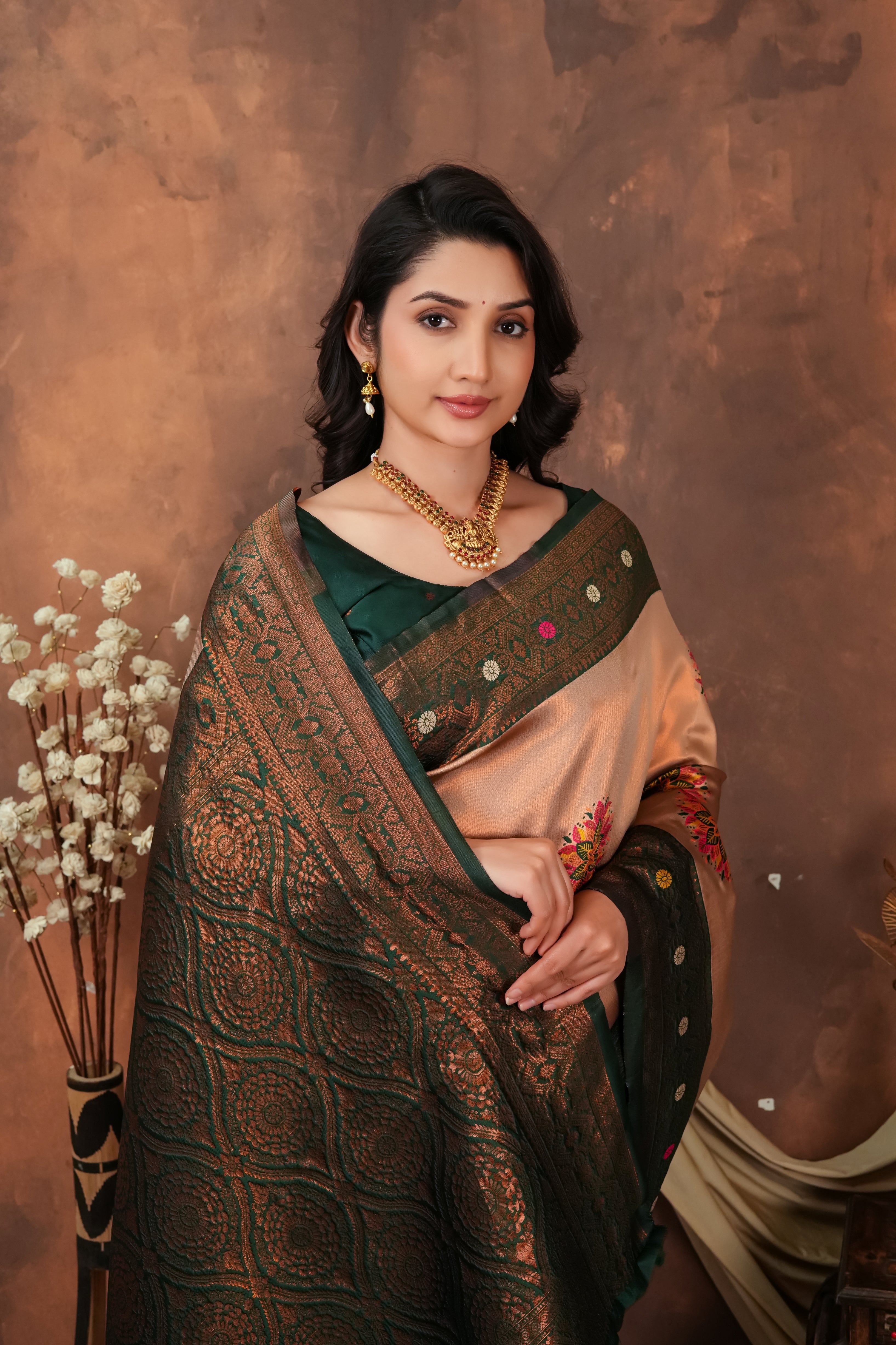 Peach Gold & Bottle Green Floral Motifs Jacquard Silk Saree