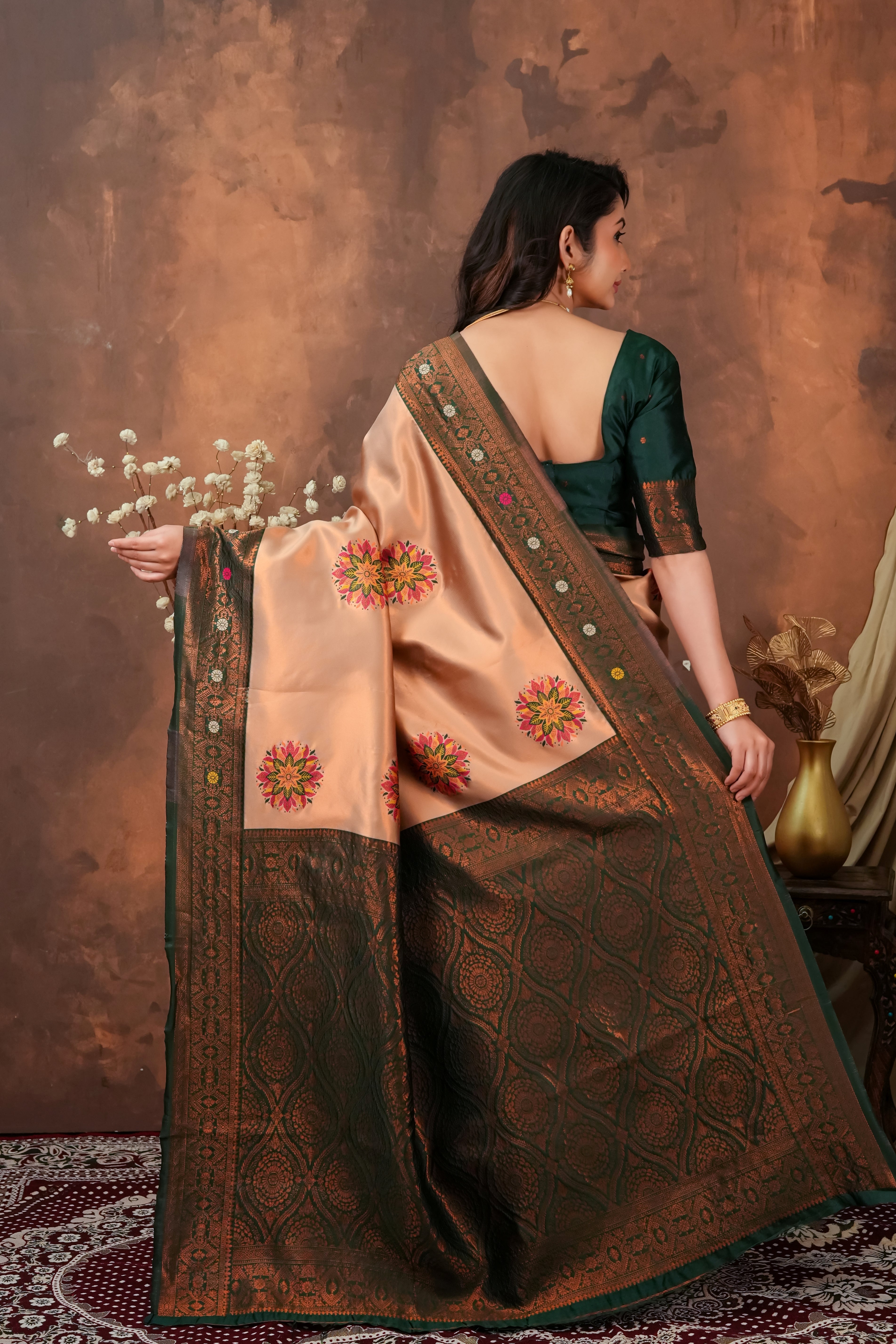 Peach Gold & Bottle Green Floral Motifs Jacquard Silk Saree