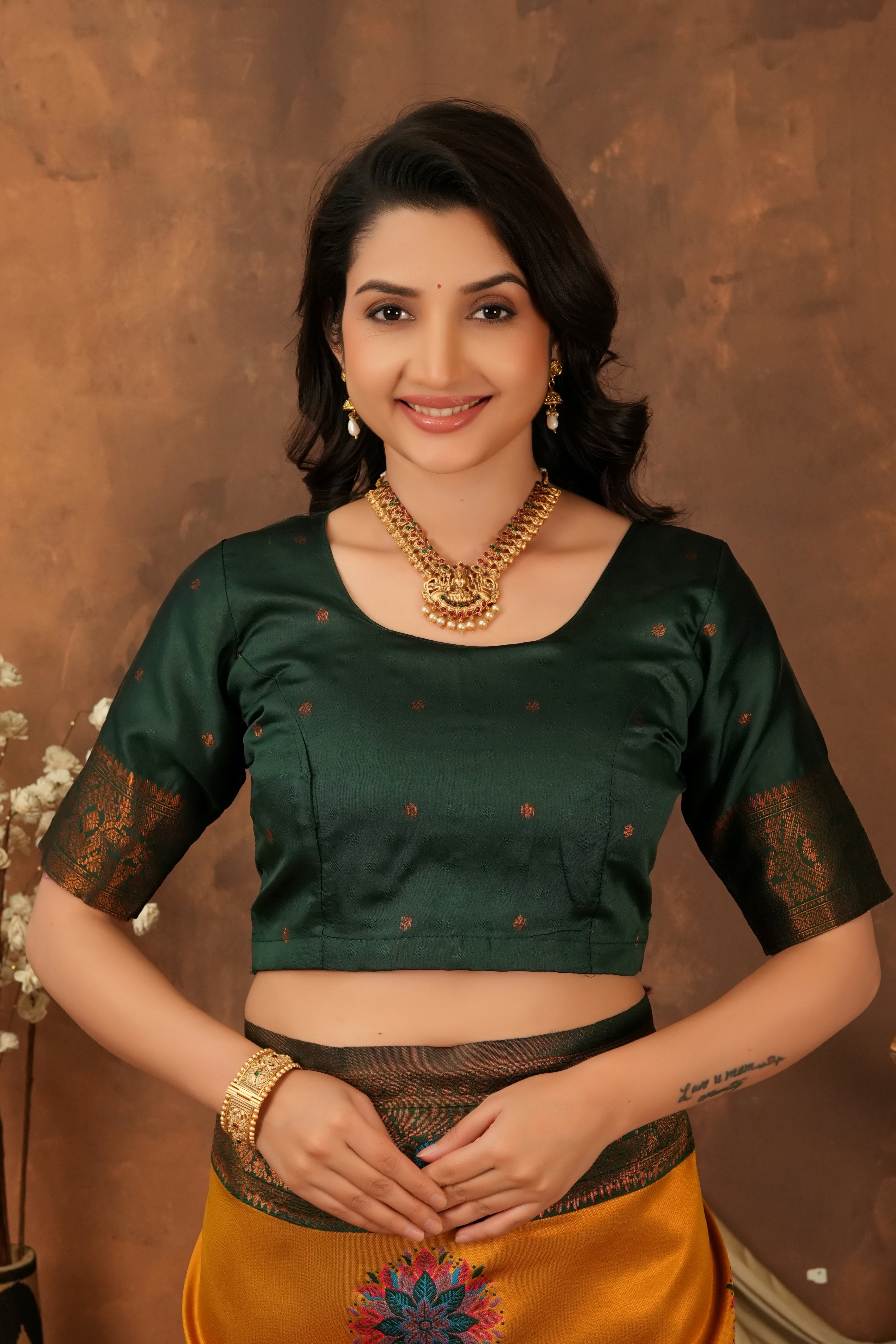 Mustard Gold & Bottle Green Floral Motifs Jacquard Silk Saree