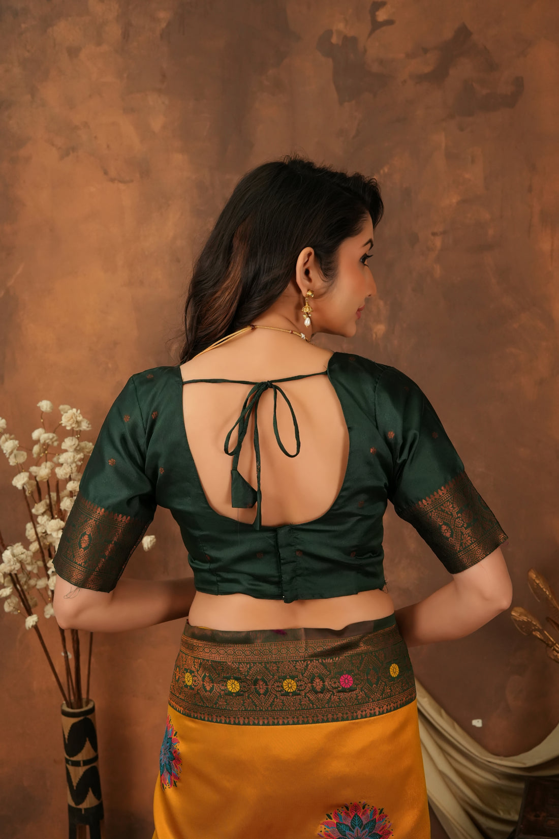 Mustard Gold & Bottle Green Floral Motifs Jacquard Silk Saree