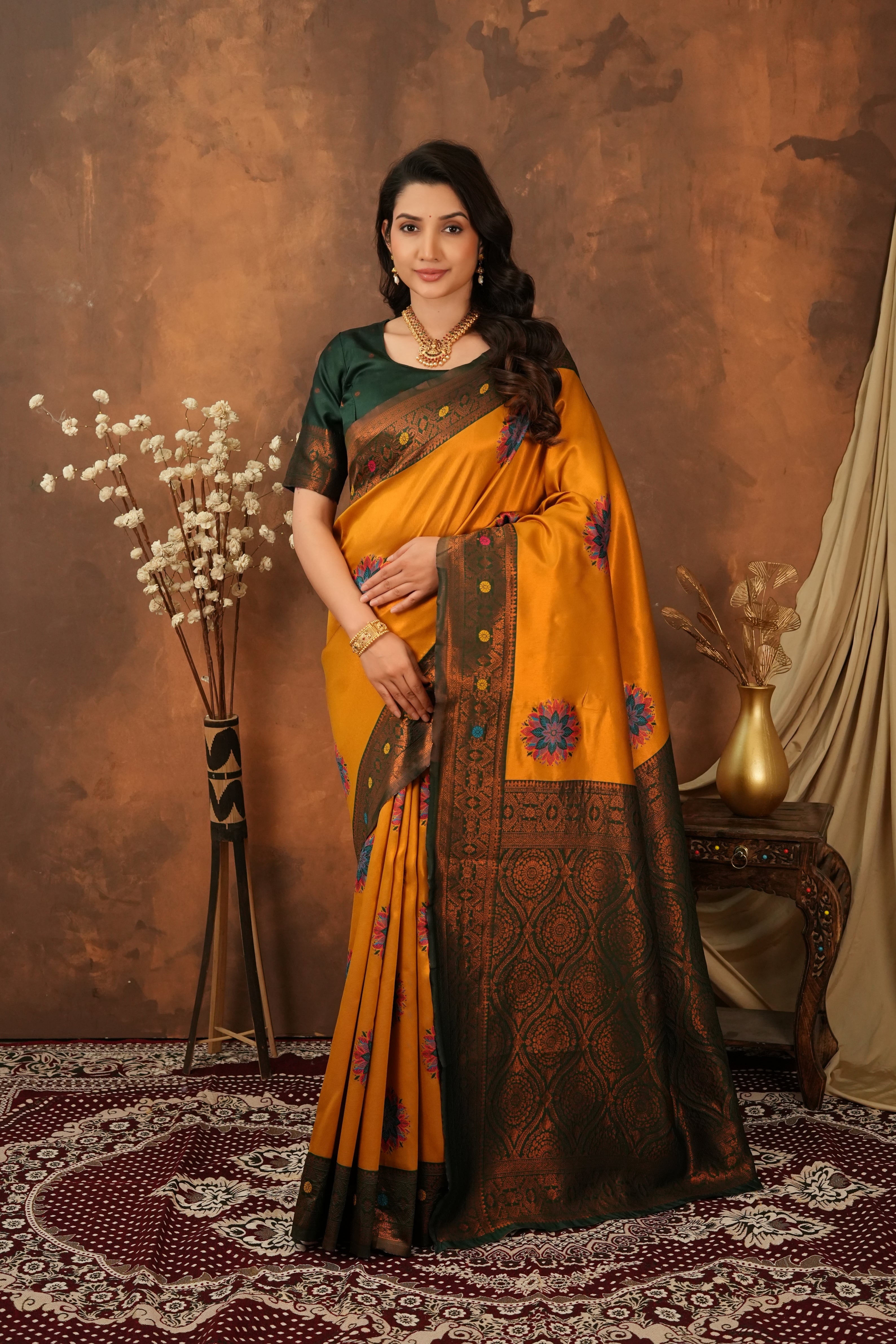 Mustard Gold & Bottle Green Floral Motifs Jacquard Silk Saree