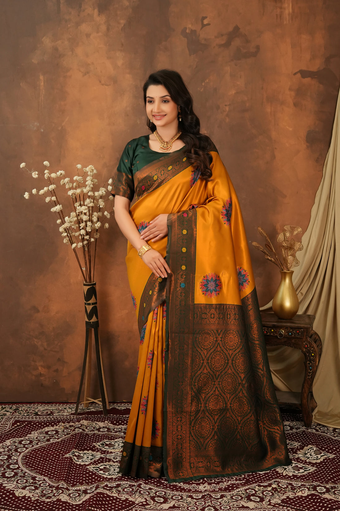 Mustard Gold & Bottle Green Floral Motifs Jacquard Silk Saree