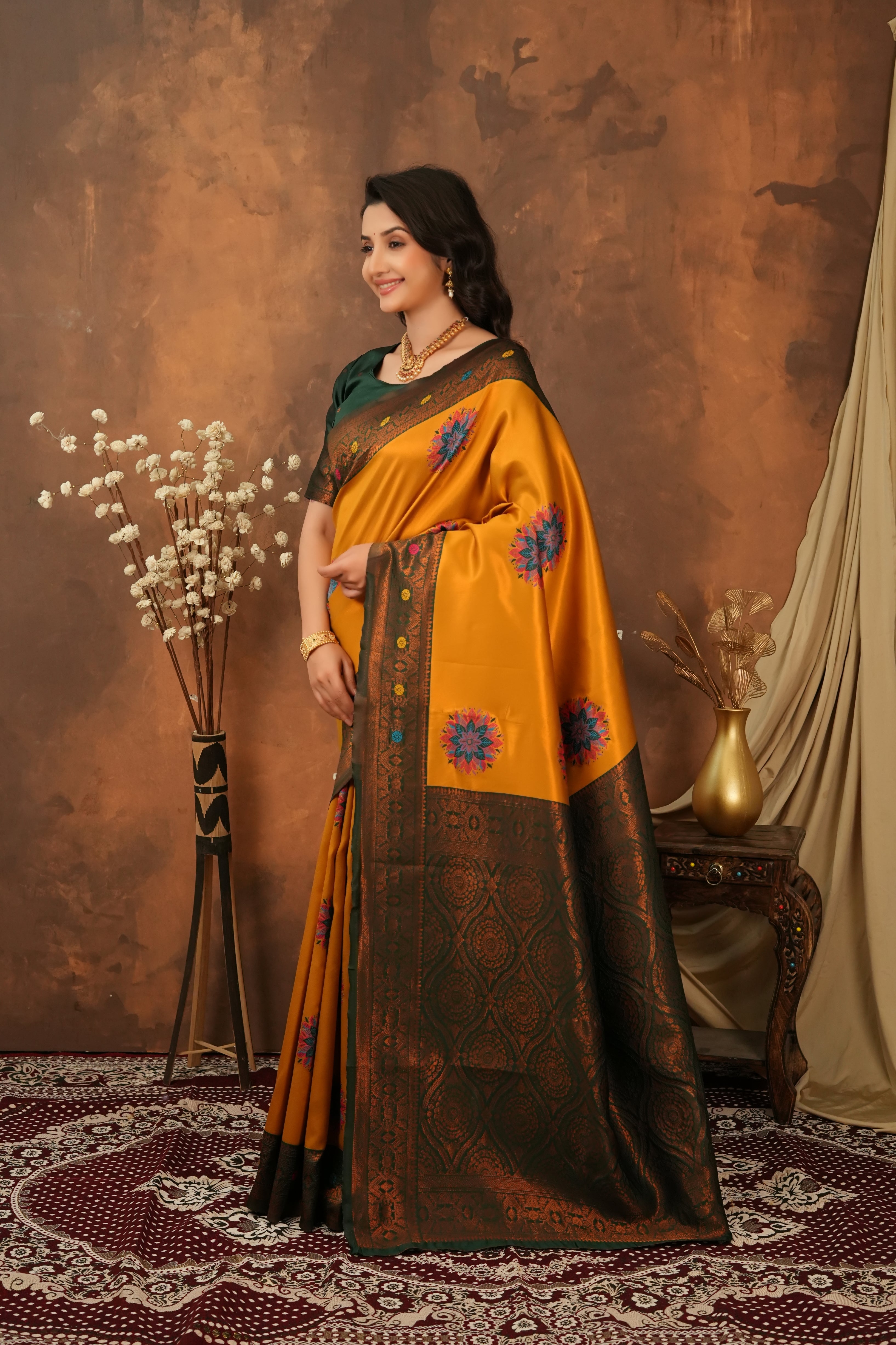 Mustard Gold & Bottle Green Floral Motifs Jacquard Silk Saree