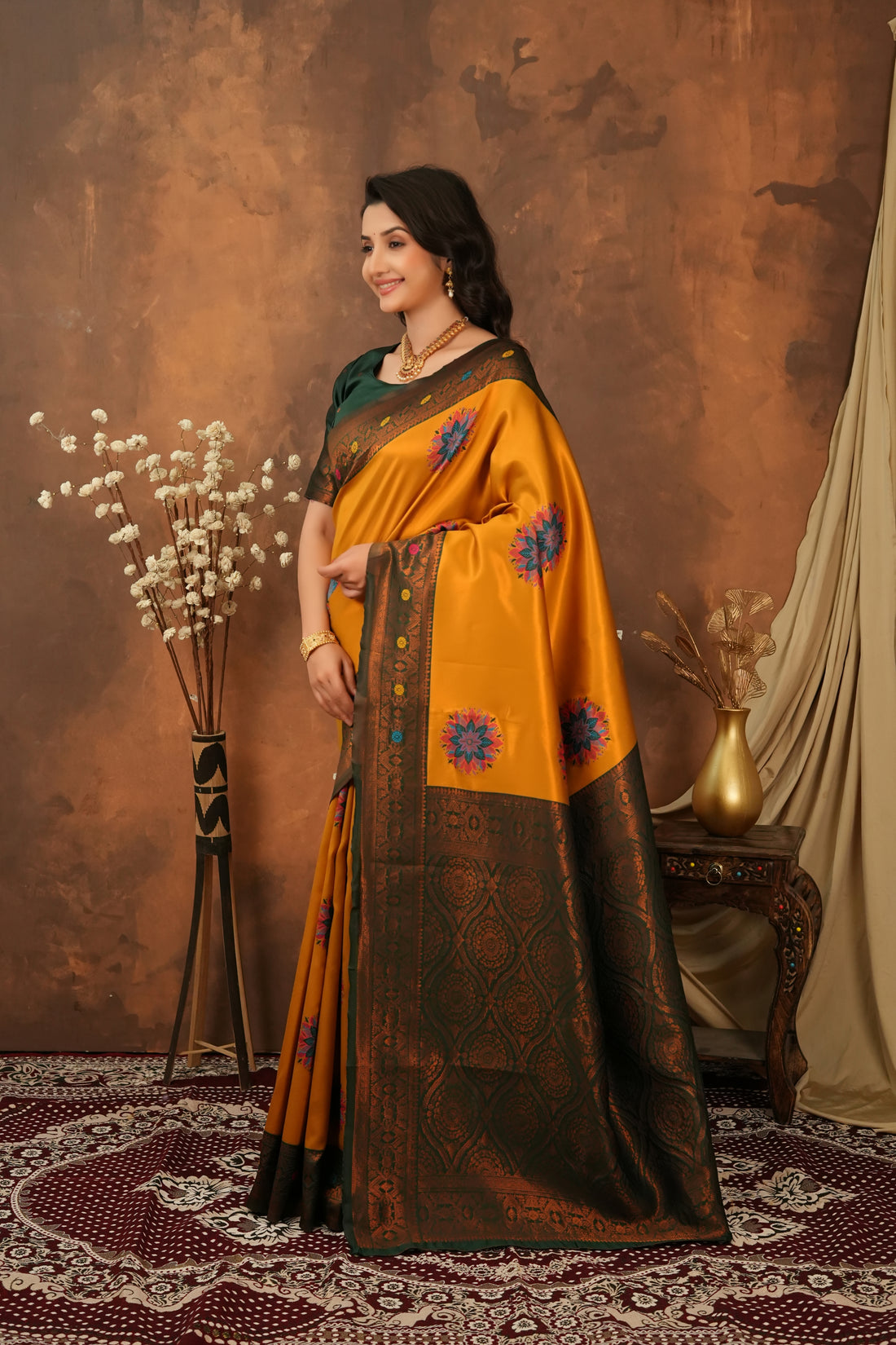 Mustard Gold & Bottle Green Floral Motifs Jacquard Silk Saree