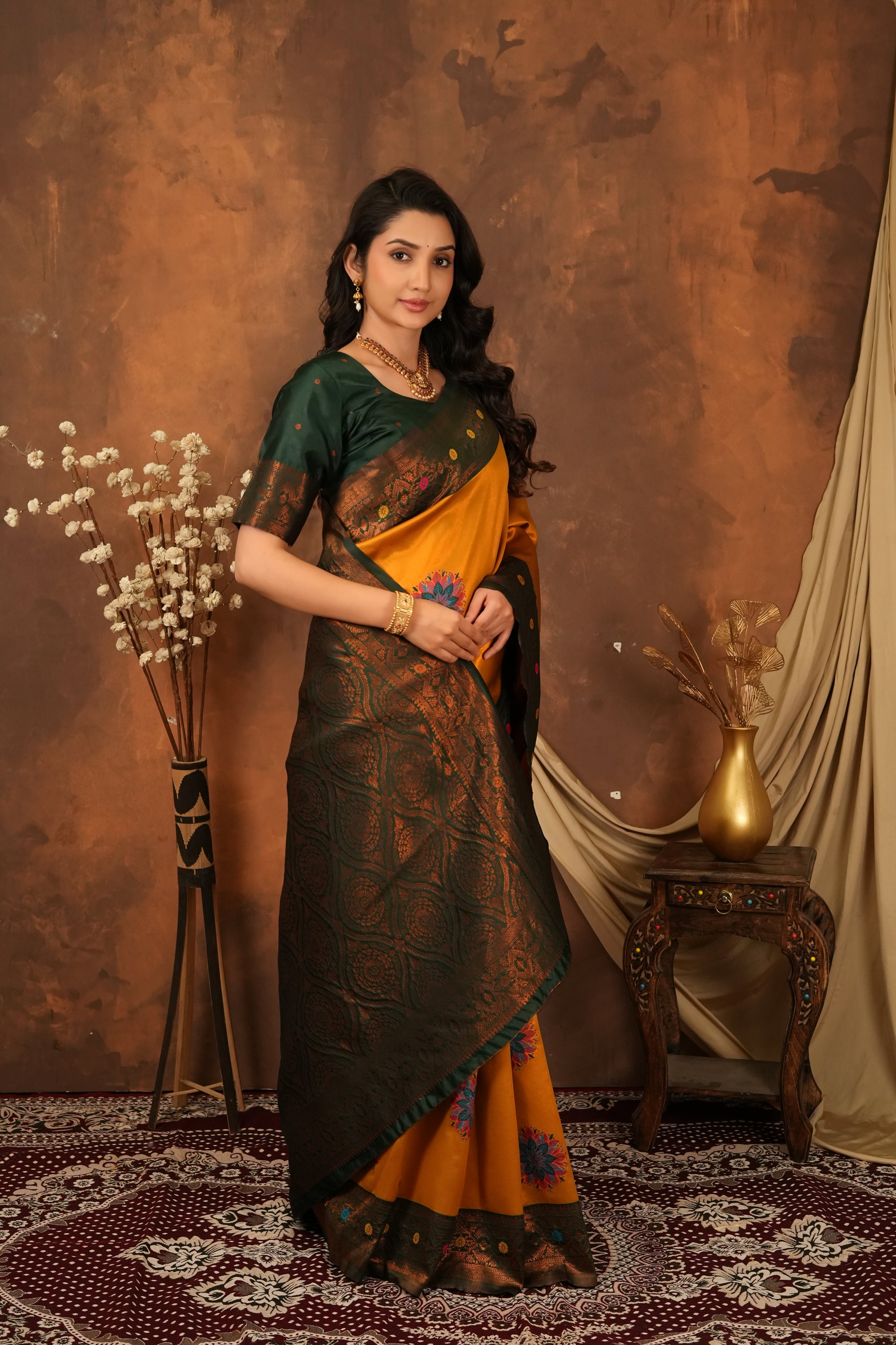Mustard Gold & Bottle Green Floral Motifs Jacquard Silk Saree