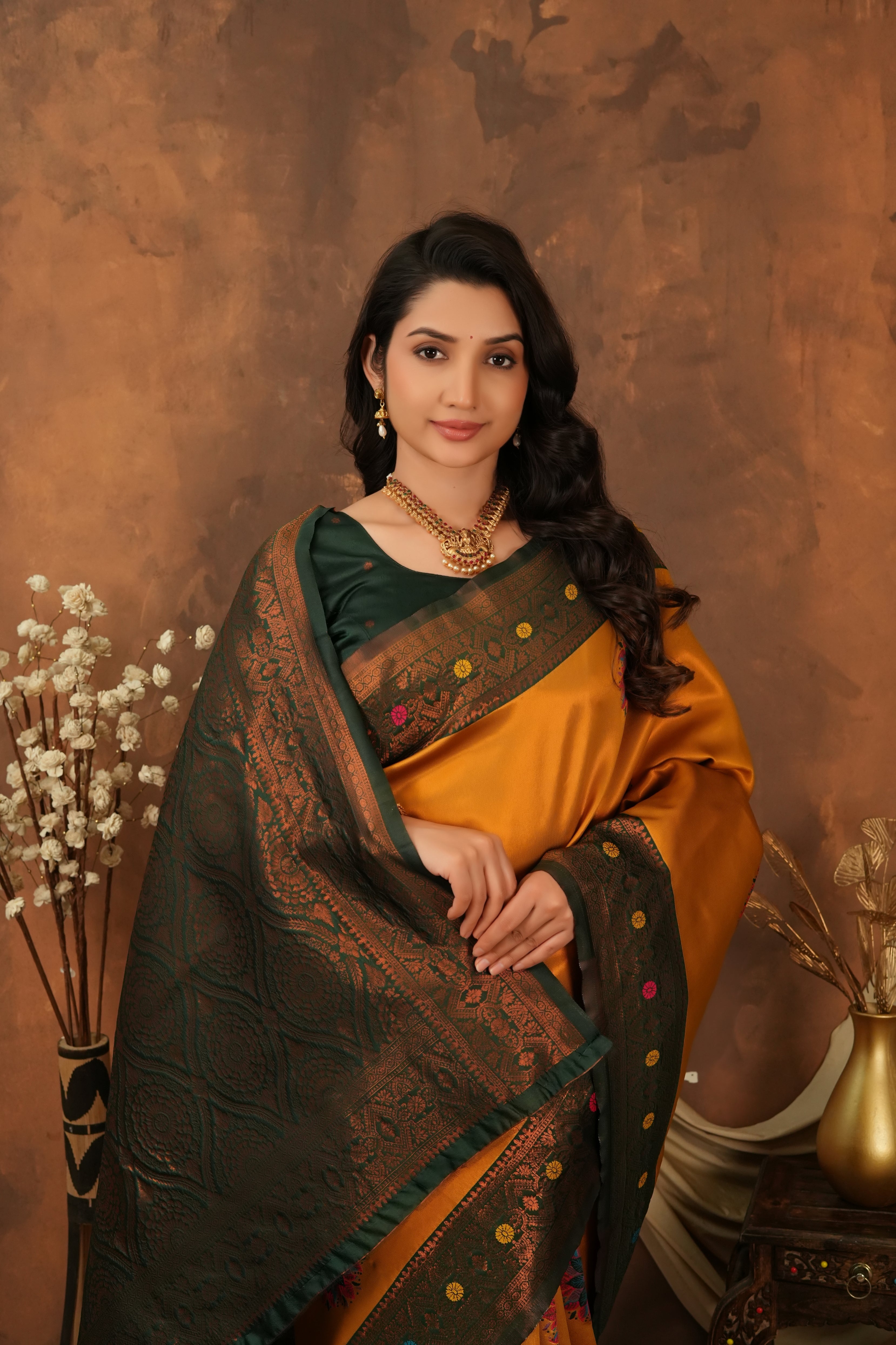 Mustard Gold & Bottle Green Floral Motifs Jacquard Silk Saree