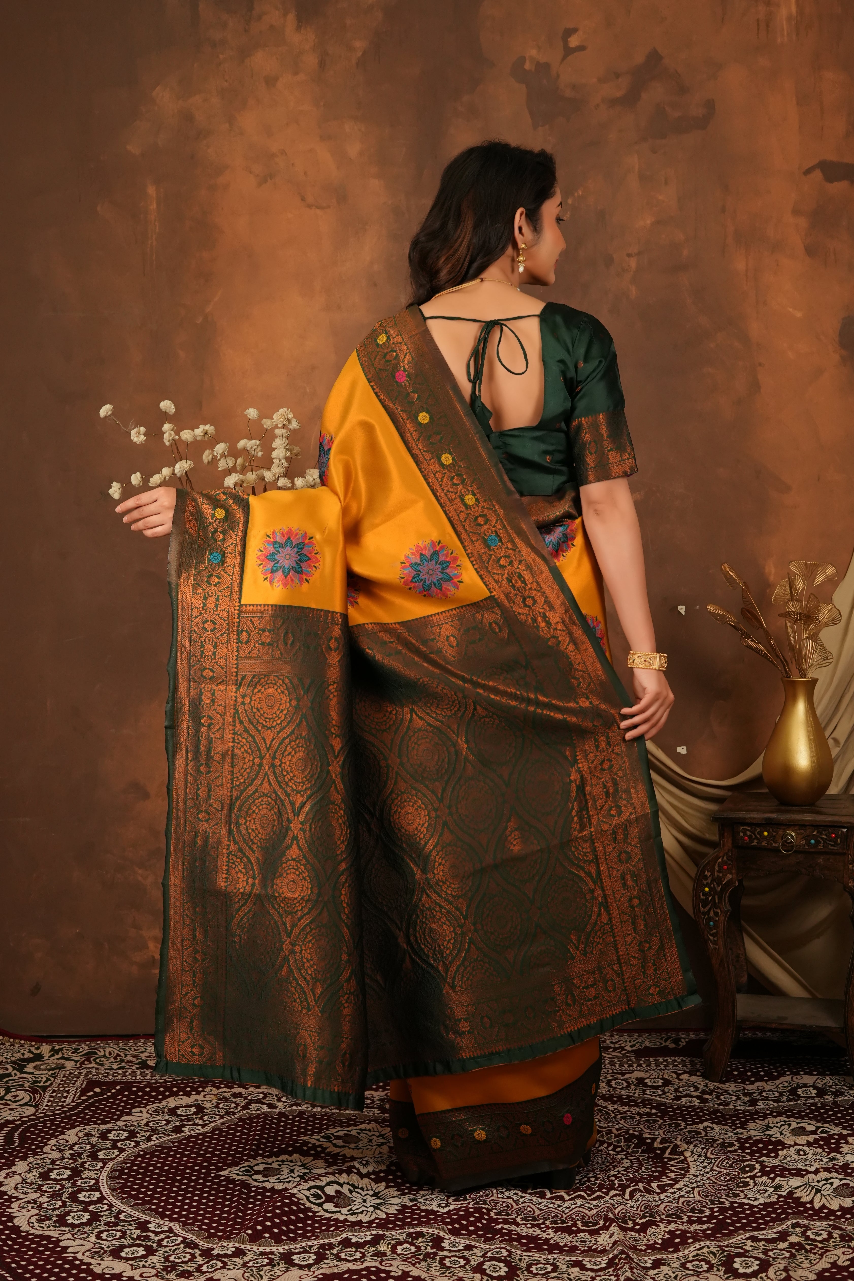 Mustard Gold & Bottle Green Floral Motifs Jacquard Silk Saree
