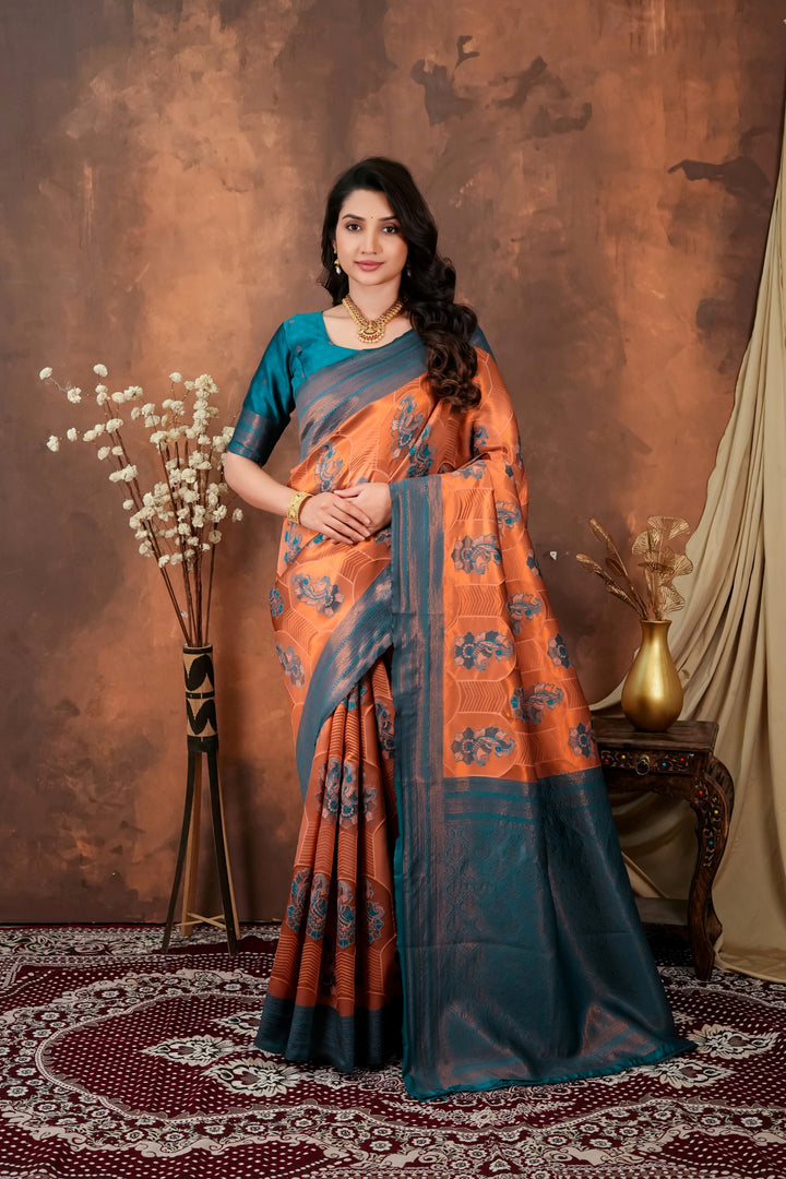 Burnt Orange & Teal Blue Jacquard Silk Saree with Floral Motifs