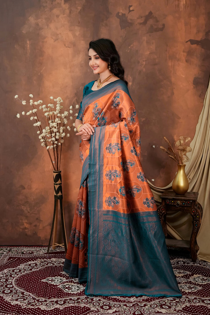 Burnt Orange & Teal Blue Jacquard Silk Saree with Floral Motifs