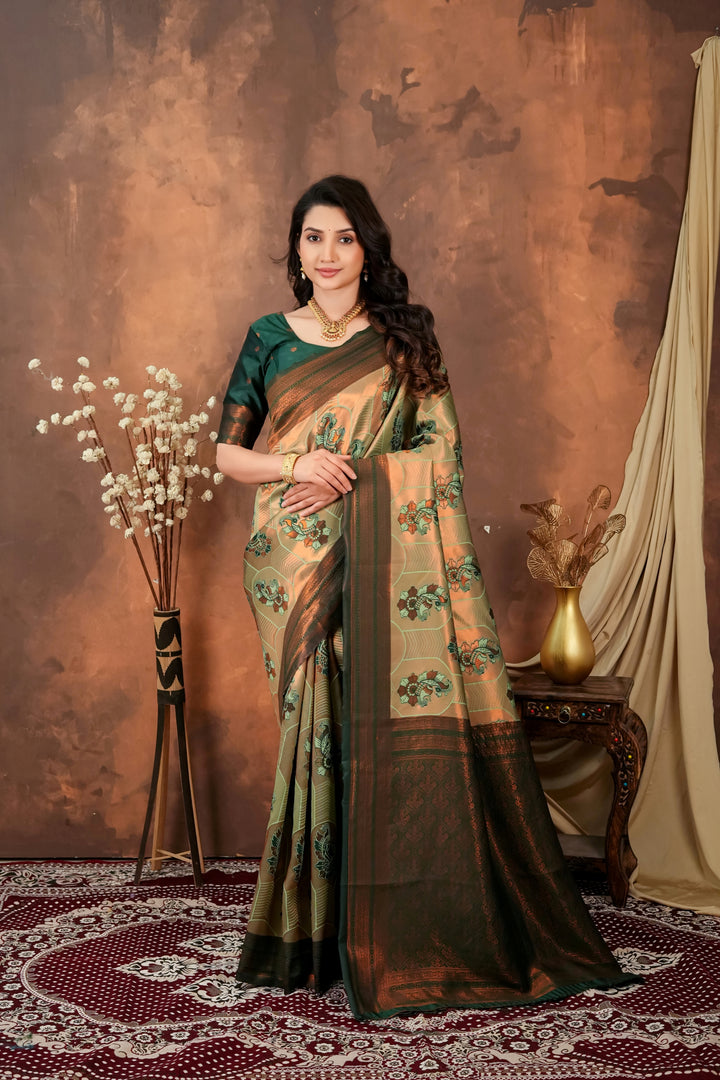 Antique Gold & Forest Green Jacquard Silk Saree with Traditional Motifs
