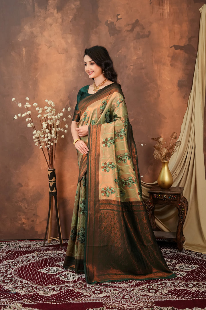 Antique Gold & Forest Green Jacquard Silk Saree with Traditional Motifs