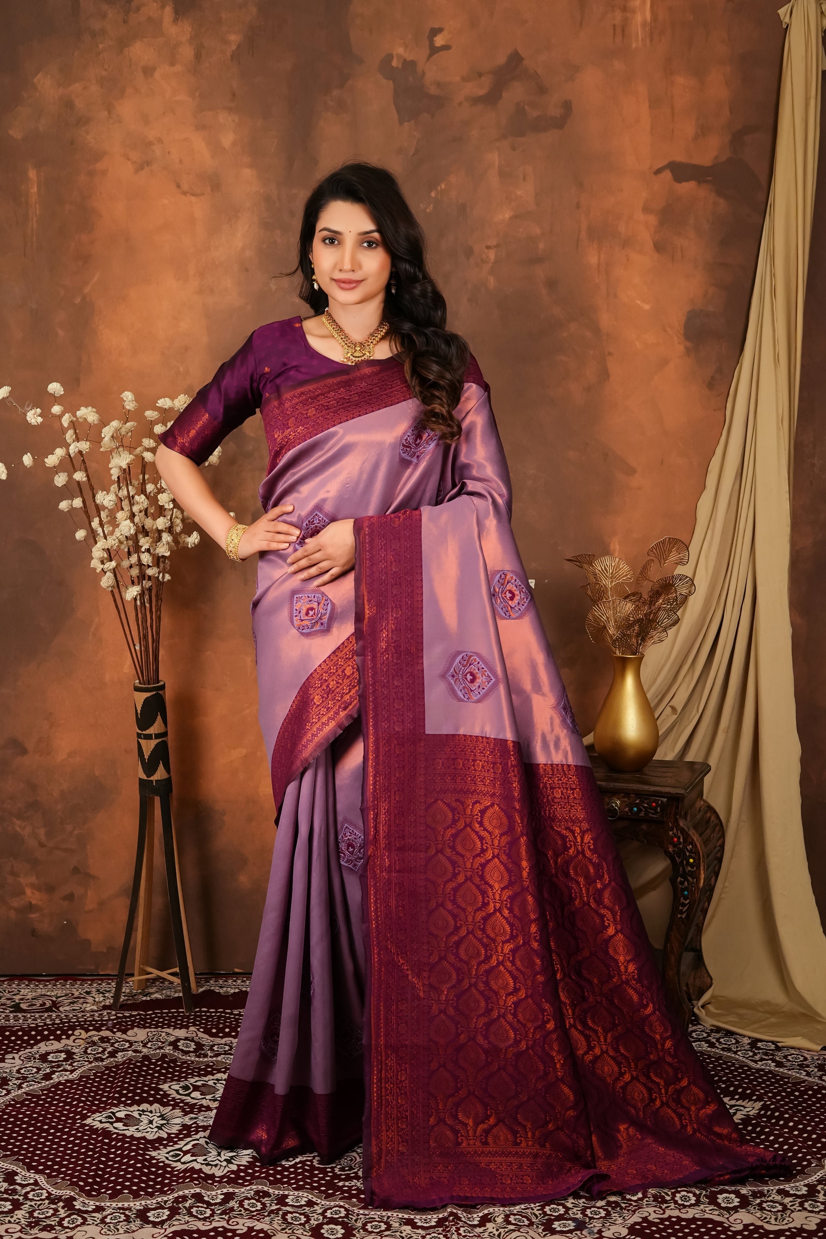 Lavender & Wine Purple Jacquard Silk Saree with Rich Woven Pallu