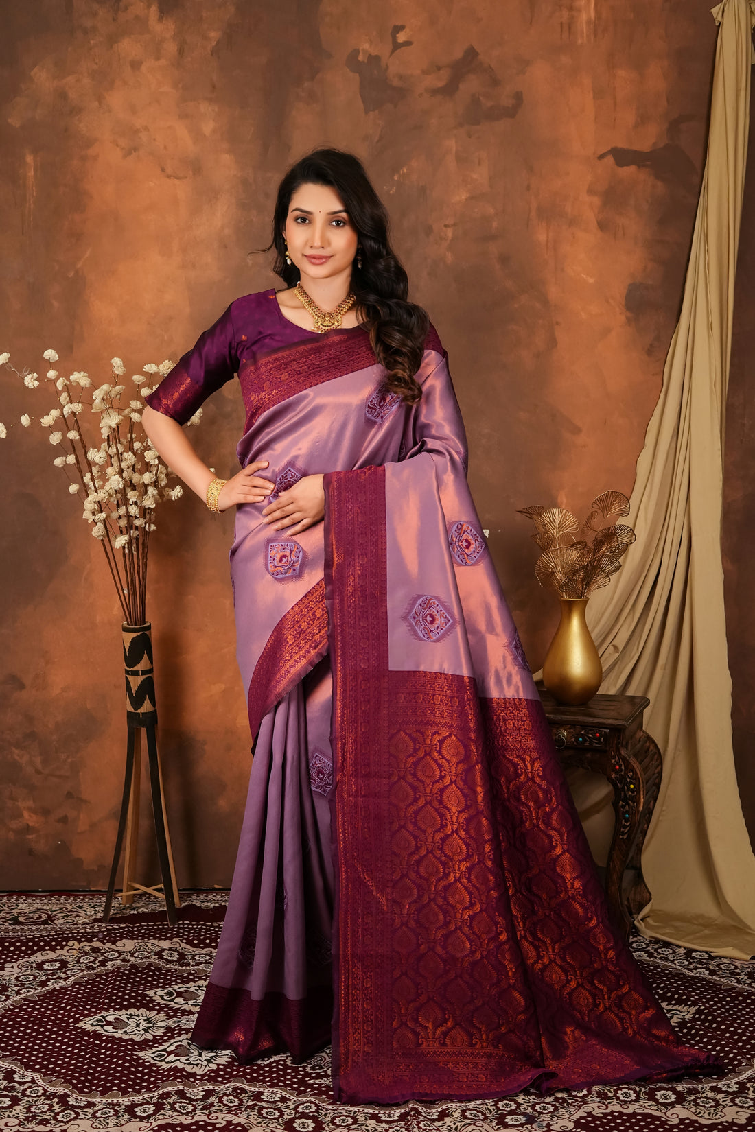Lavender & Wine Purple Jacquard Silk Saree with Rich Woven Pallu