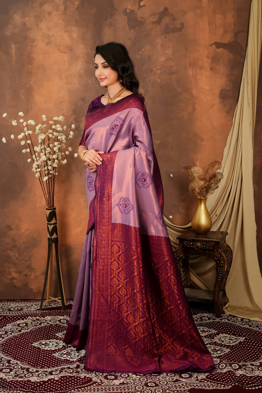 Lavender & Wine Purple Jacquard Silk Saree with Rich Woven Pallu