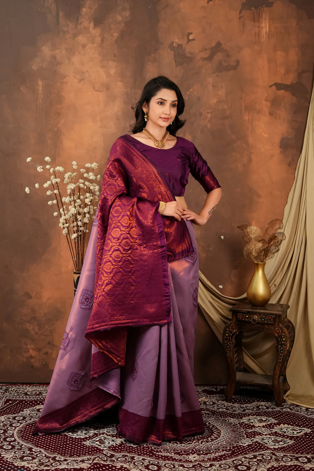 Lavender & Wine Purple Jacquard Silk Saree with Rich Woven Pallu