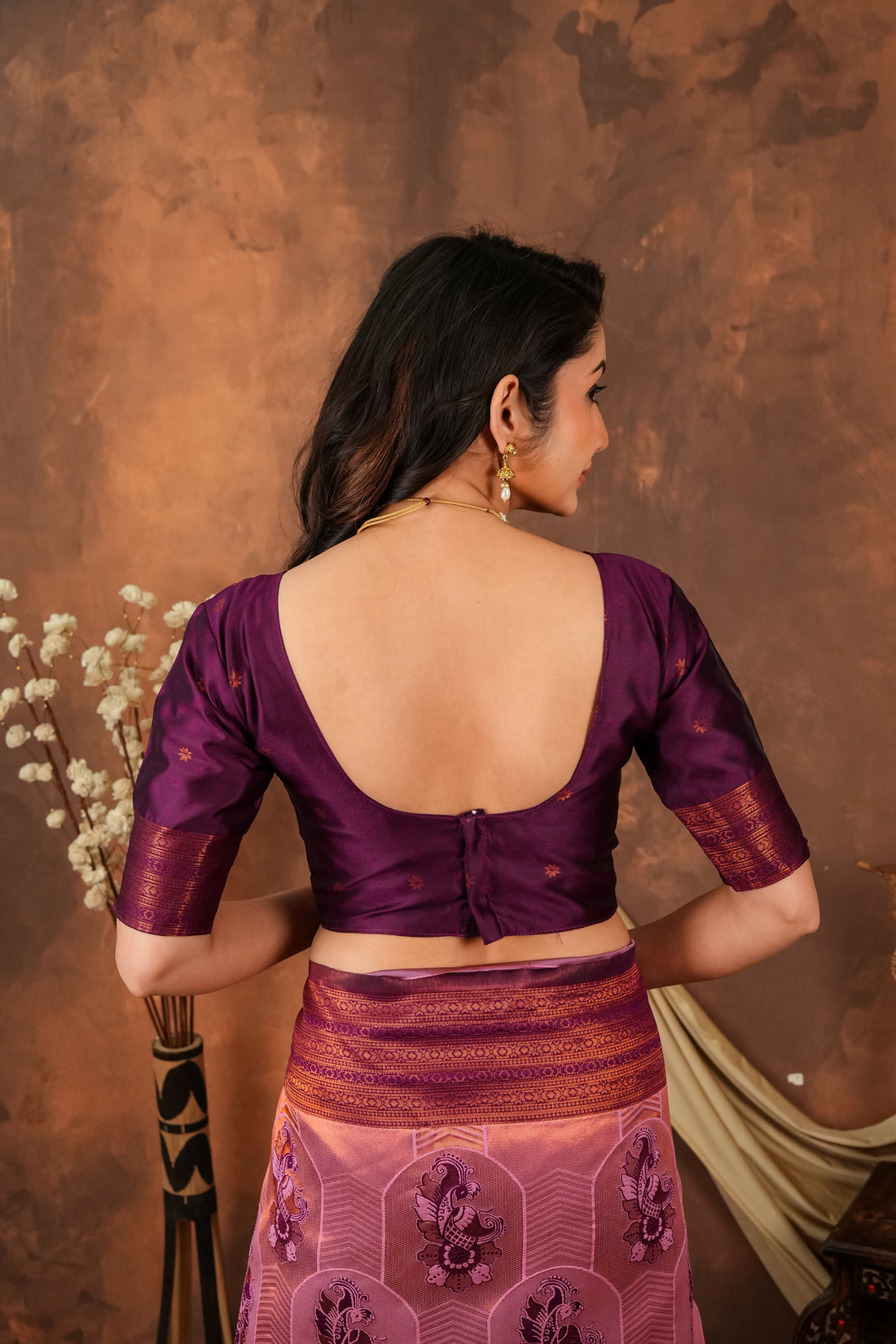 Wine Purple & Peach Jacquard Silk Saree with Traditional Motifs