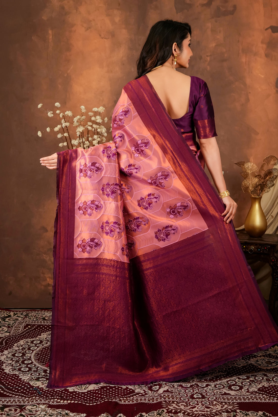 Wine Purple & Peach Jacquard Silk Saree with Traditional Motifs