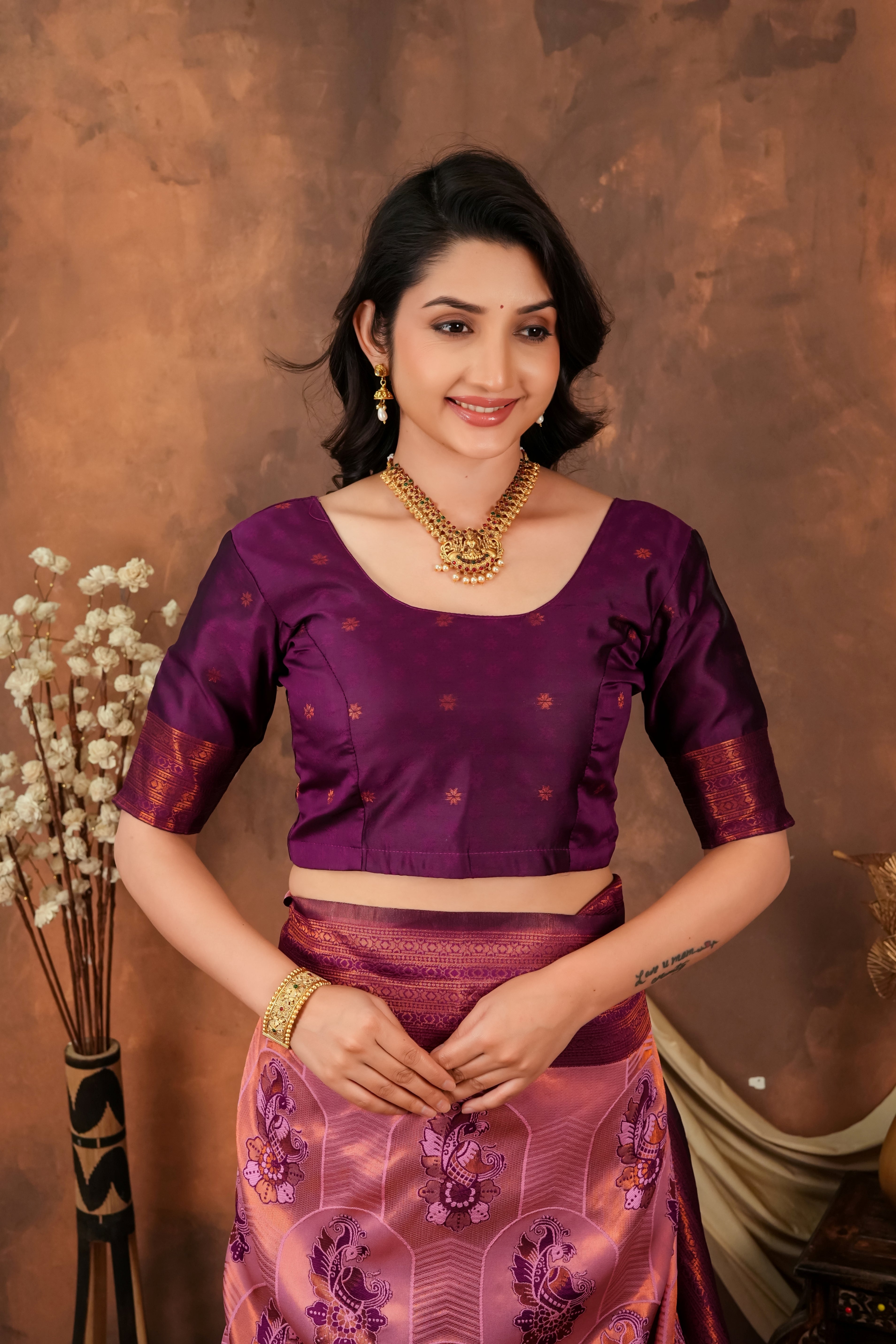 Wine Purple & Peach Jacquard Silk Saree with Traditional Motifs