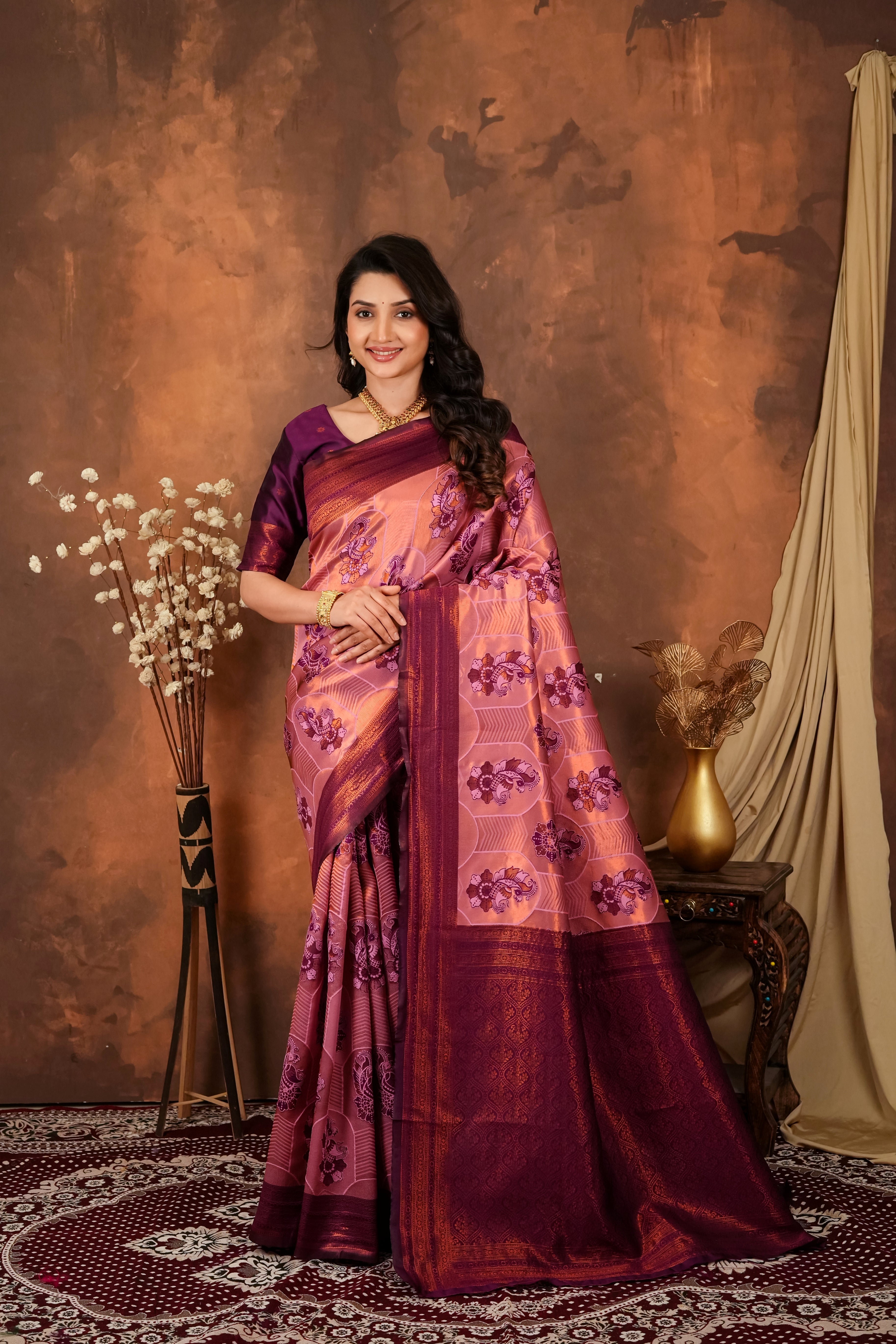 Wine Purple & Peach Jacquard Silk Saree with Traditional Motifs