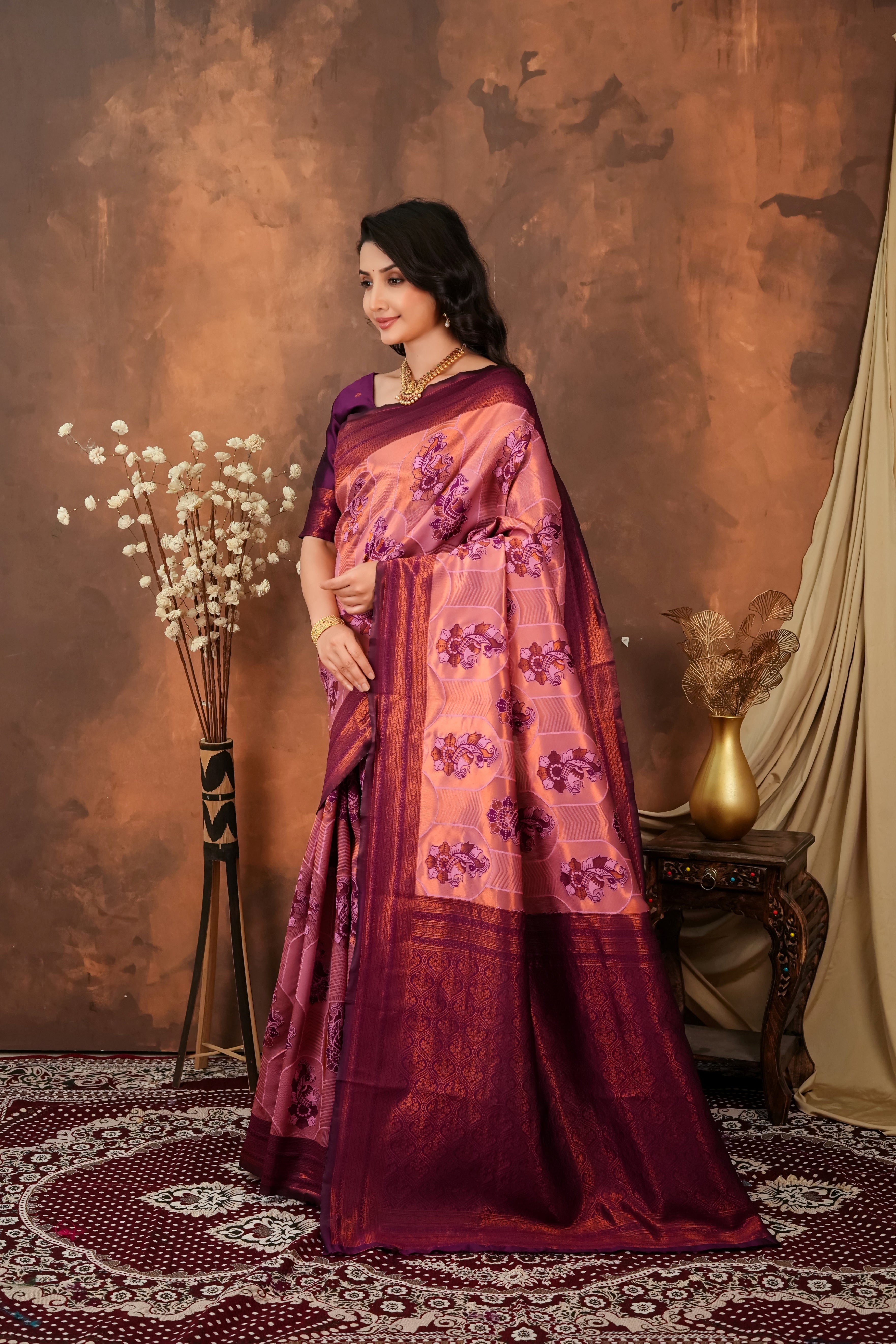Wine Purple & Peach Jacquard Silk Saree with Traditional Motifs