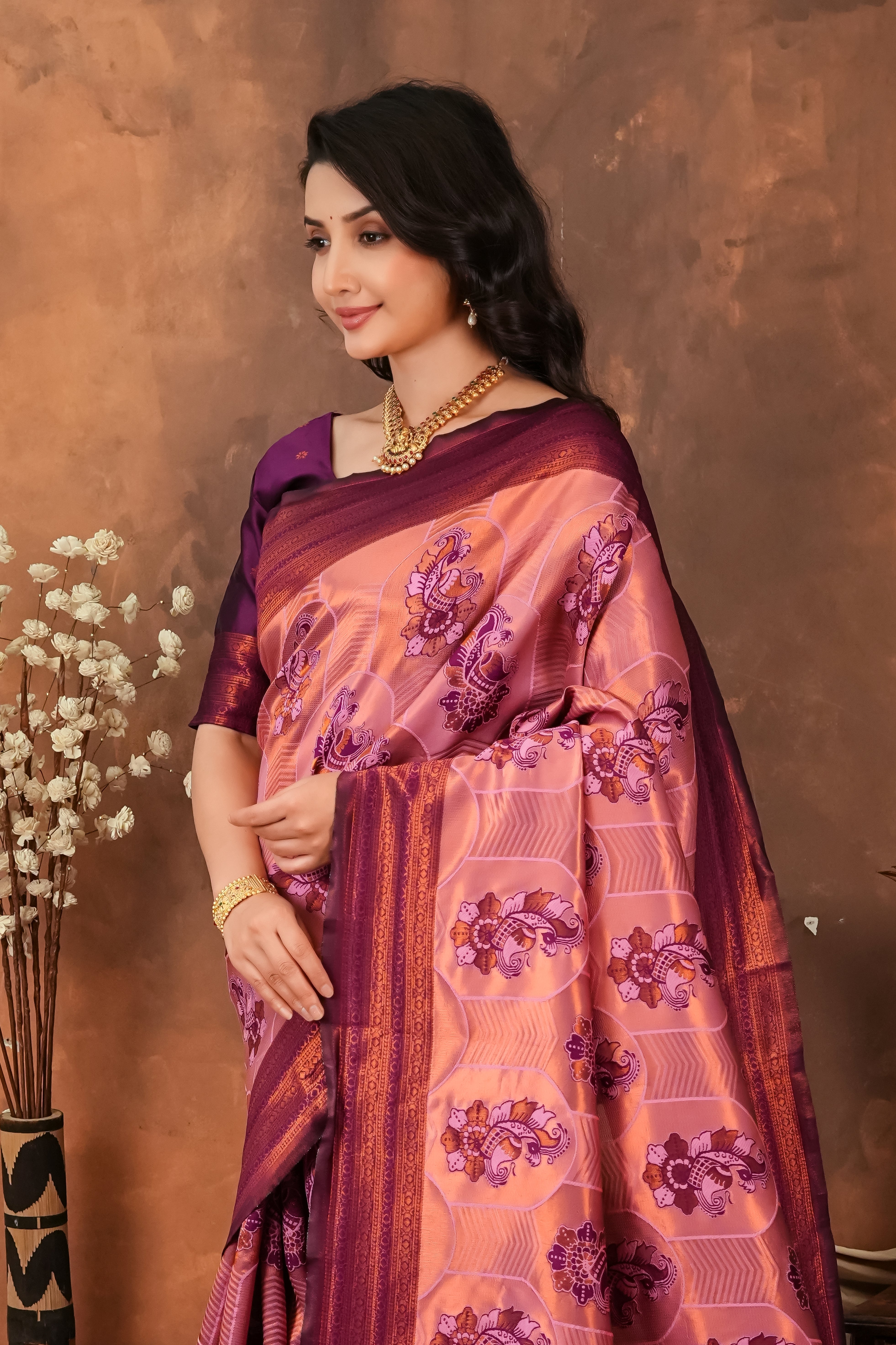 Wine Purple & Peach Jacquard Silk Saree with Traditional Motifs