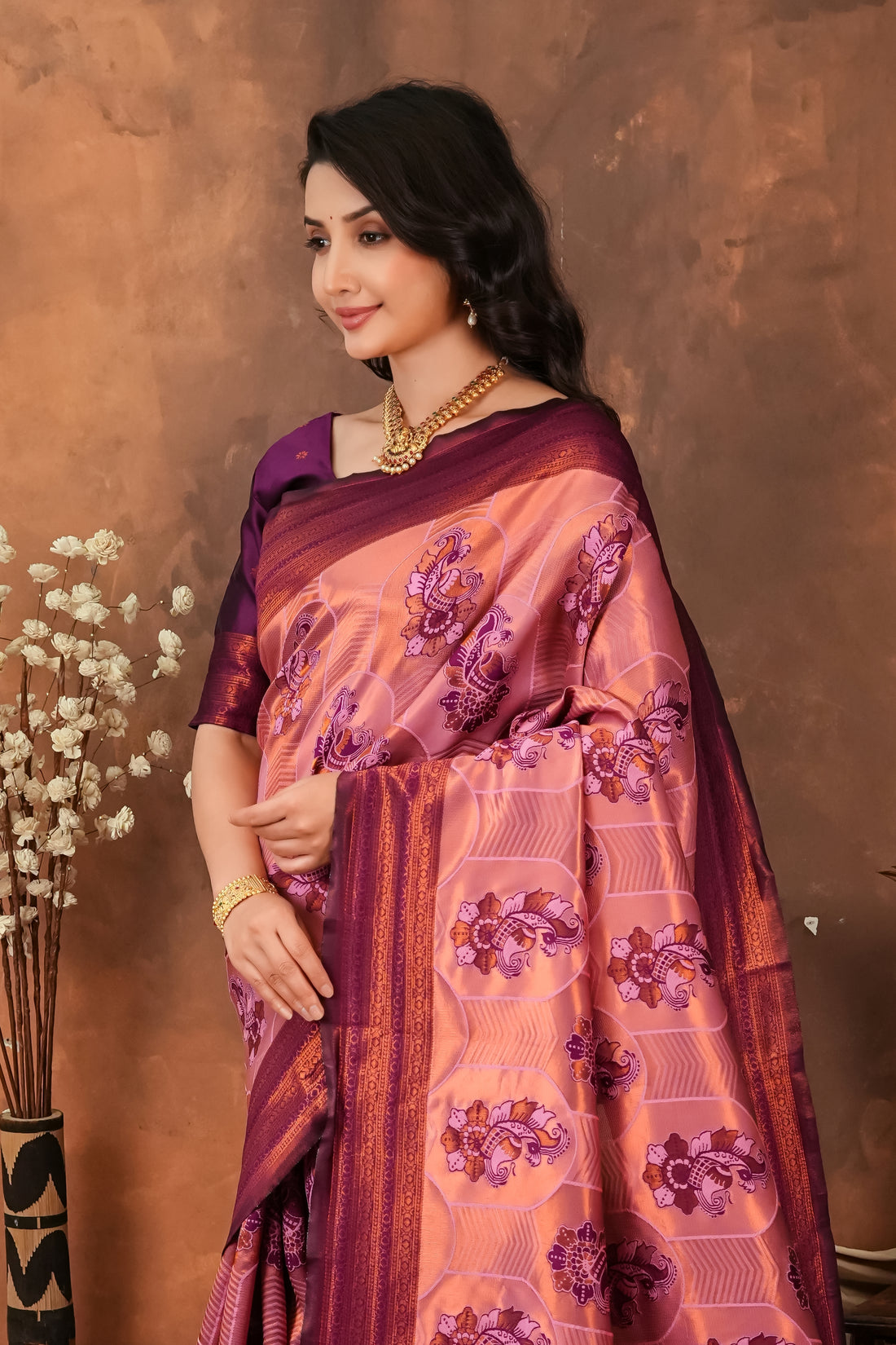 Wine Purple & Peach Jacquard Silk Saree with Traditional Motifs