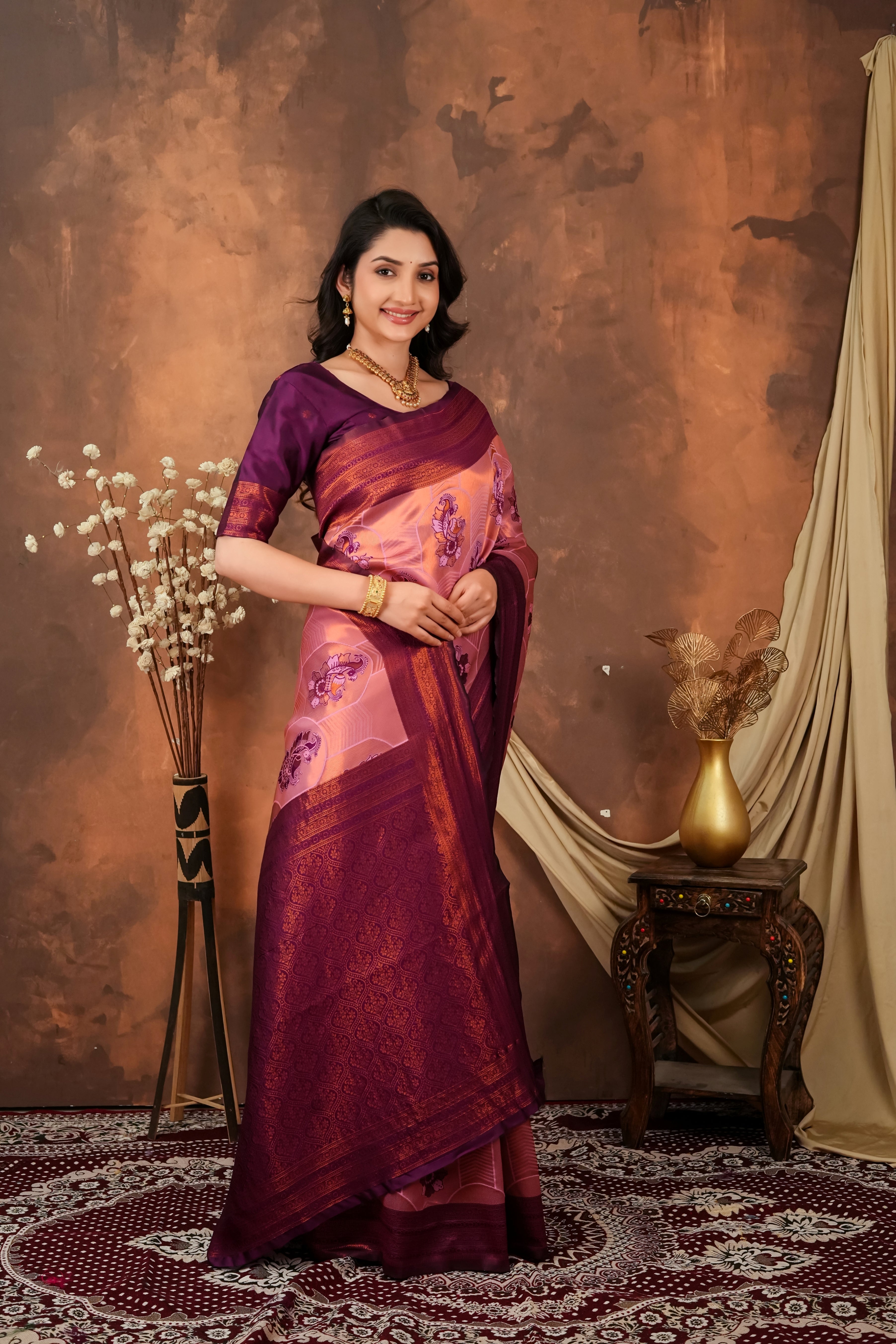 Wine Purple & Peach Jacquard Silk Saree with Traditional Motifs