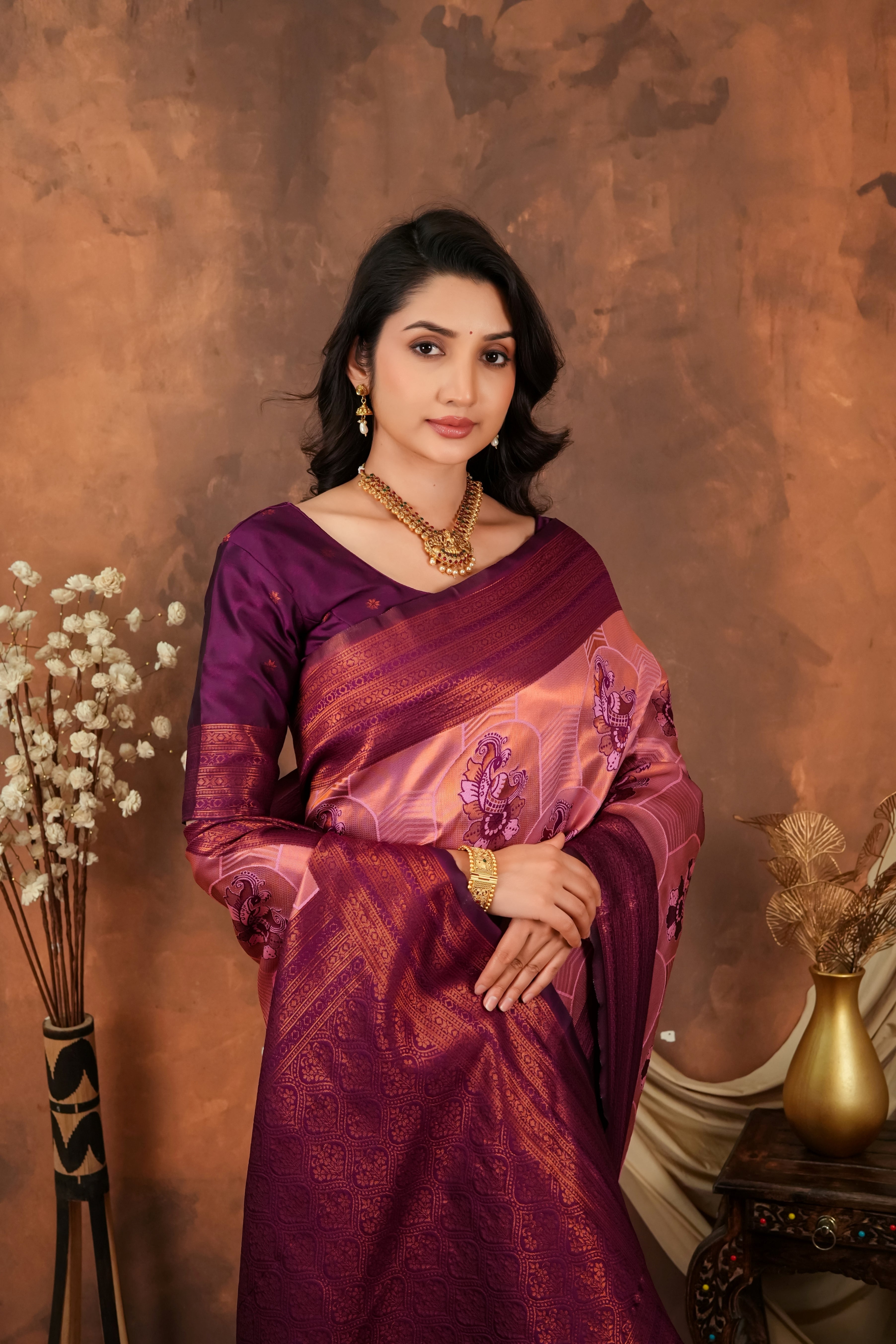 Wine Purple & Peach Jacquard Silk Saree with Traditional Motifs
